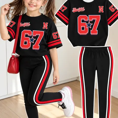 Girls' Sporty Number & Letter Print 2‑Piece Outfit, Short‑Sleeve T‑Shirt & Side‑Stripe Skinny Pants, Athletic Set with Comfortable Elastic Waist, Elastic High Waist, Sports Clothing Set for Spring & Summer Wear, Kids Girls Clothing