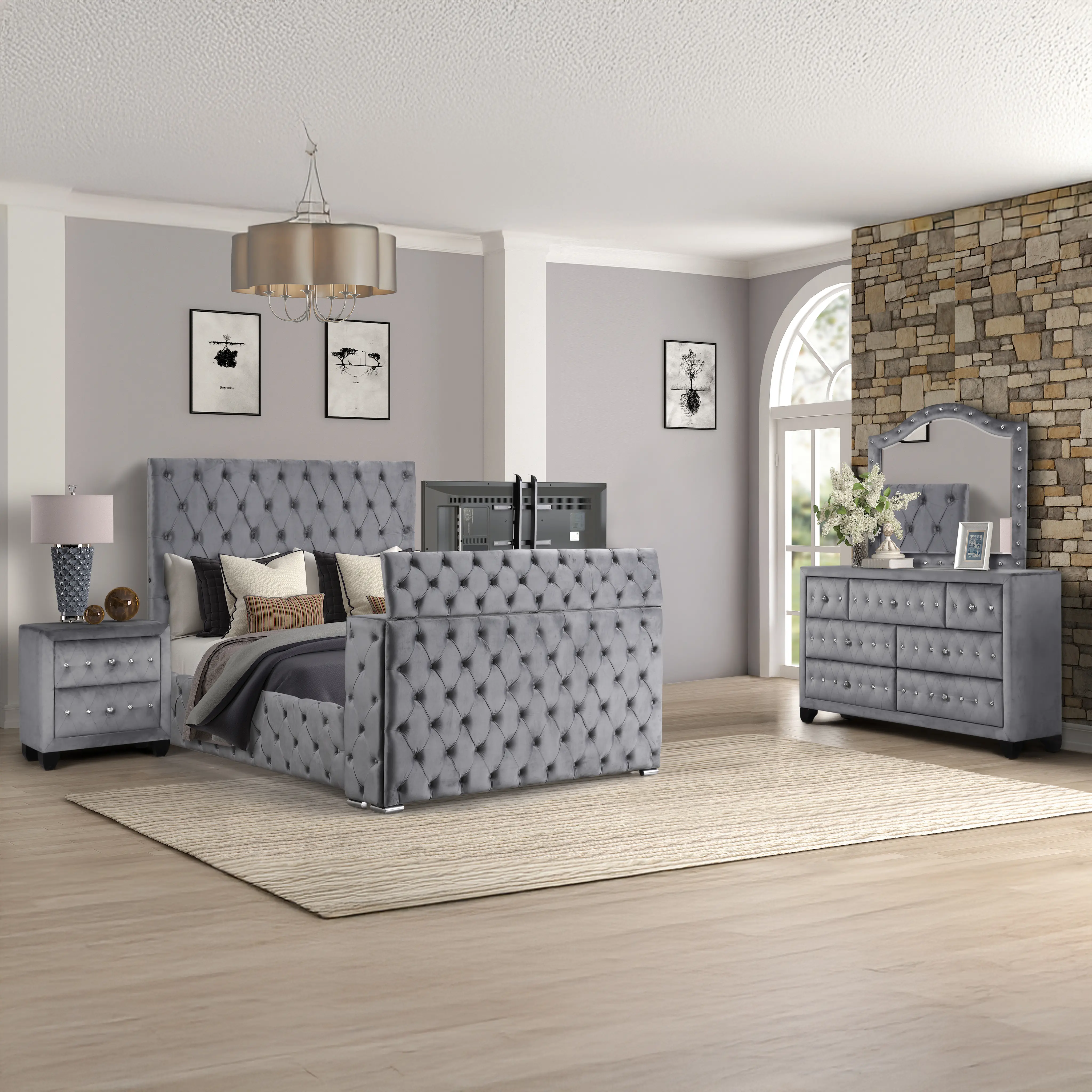 Nokaa Modern Tufted Upholstered King Bedroom Set 4-Piece with Dresser, Mirror, Nightstand, Velvet Gray Wood Frame, Built-in TV Storage & Electric Fireplace Footboard, Box Spring Not Required, Bedroom Furniture Suite, Gray Color, King Size