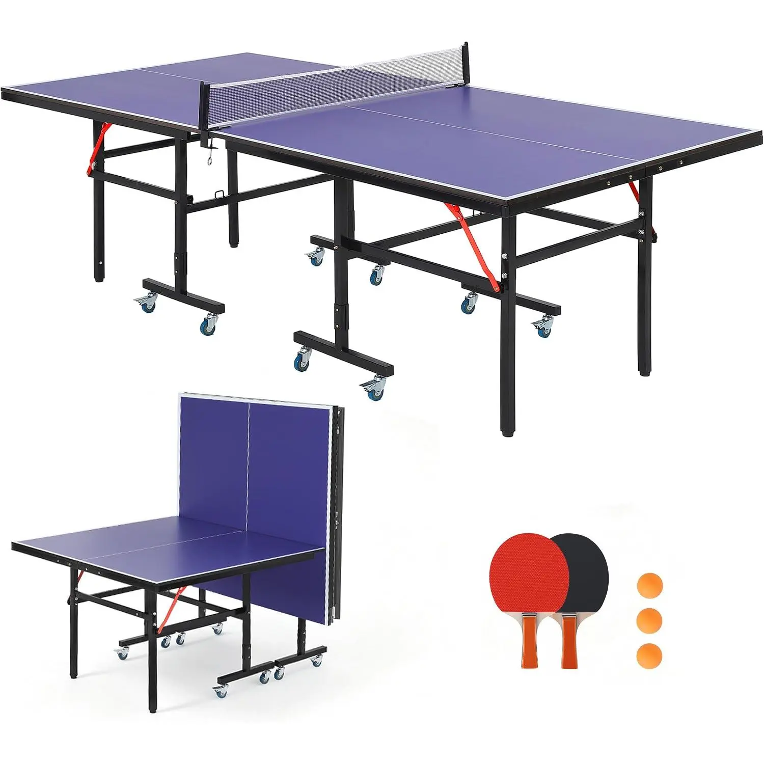 8FT Portable Ping Pong Table for Indoor Outdoor, 15mm Foldable Professional Table Tennis Set, Quick Assembly, Carbon Steel Lockable Wheels, Single Player Playback Mode(2 Boxes)