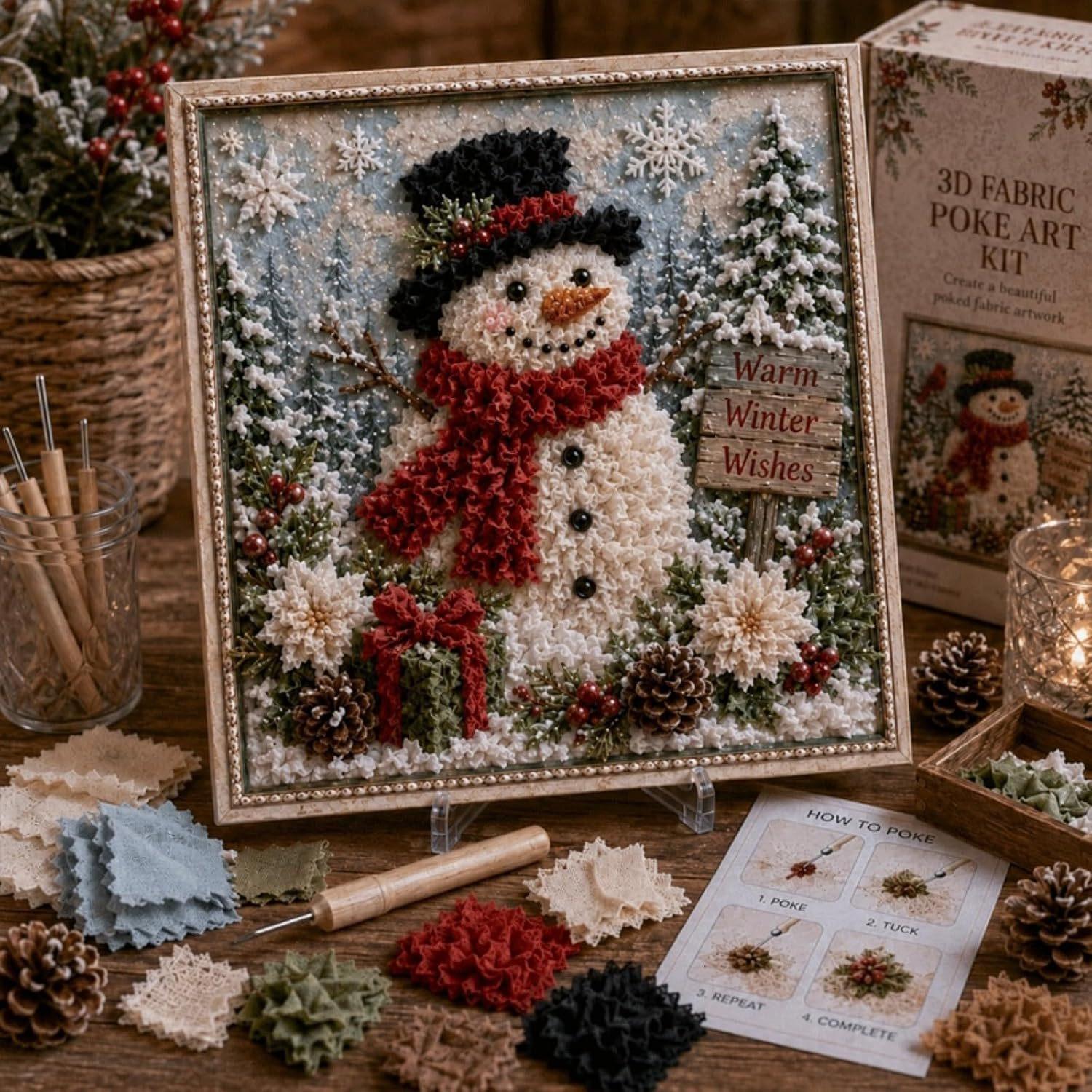 Finished 3D snowman fabric poke artwork