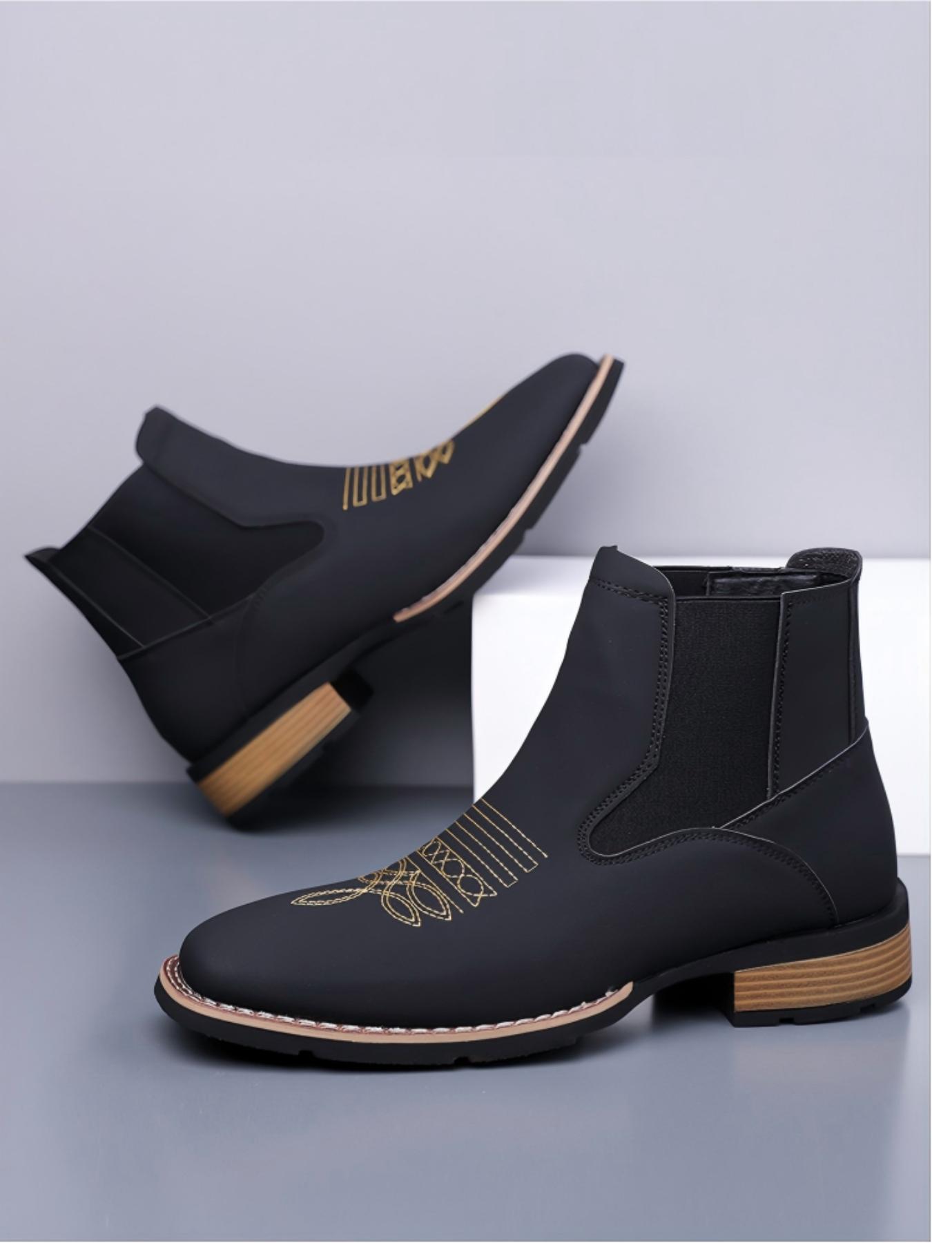 Vintage Embroidered Western Cowboy Chelsea Boots, Western Style Boots, PU Material, Geometric Pattern, Slip-On Design, Fall & Winter Fashion