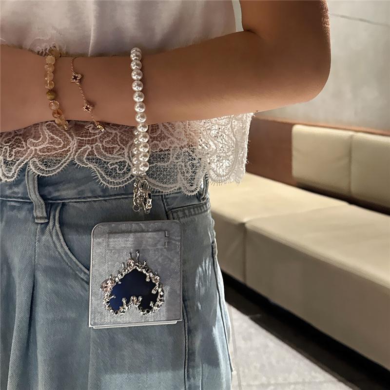Korean Cute Heart Mirror Stand Phone Case For Samsung Galaxy Z Flip 7 6 5 4 3 Flip6 Flip7 Cover with Chain Denim Cute Cases Capa