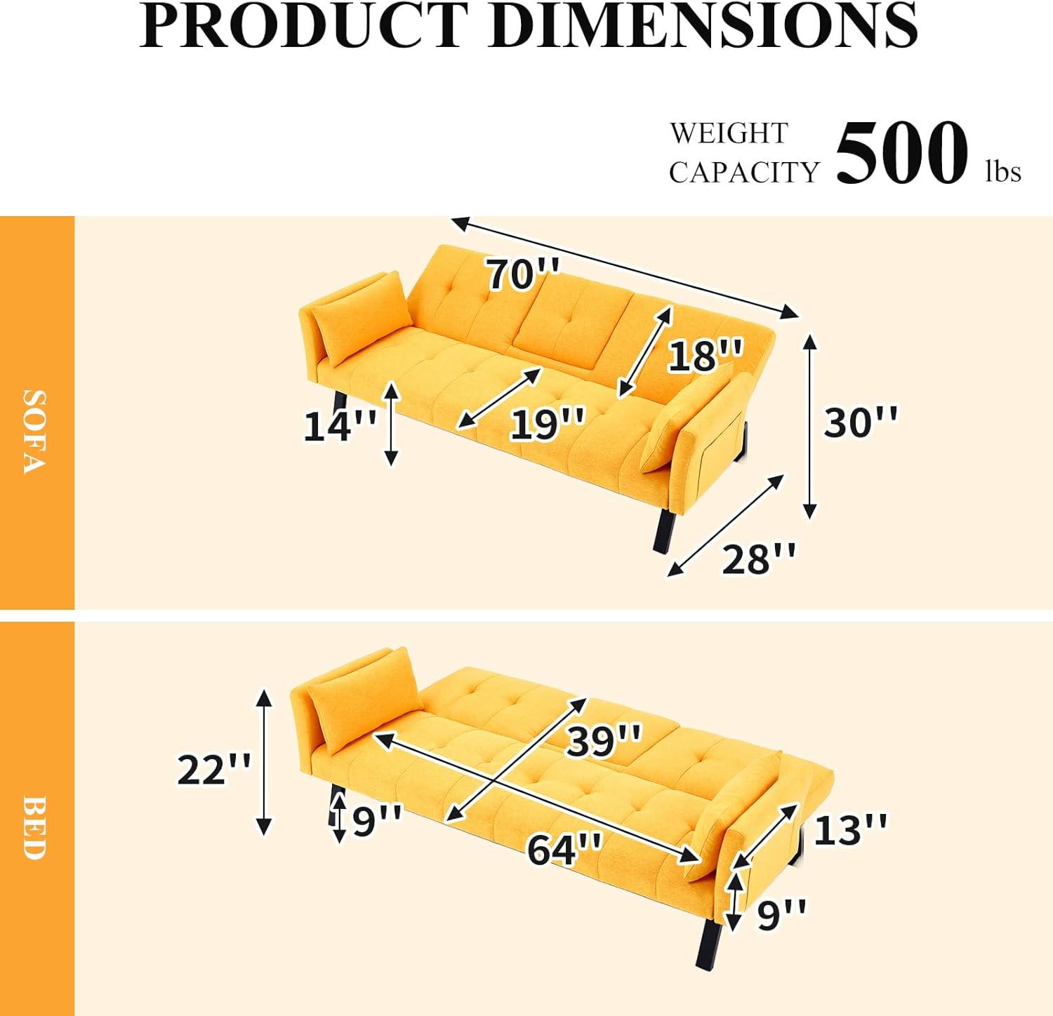 3 in 1 Futon Sofa Bed, Linen Fabric Couch Bed with Side Pocket, Convertible Sleeper Sofa with Dual Cup Holders & 2 Pillows, Adjustable Recliner Sofa for Living Room (Yellow)