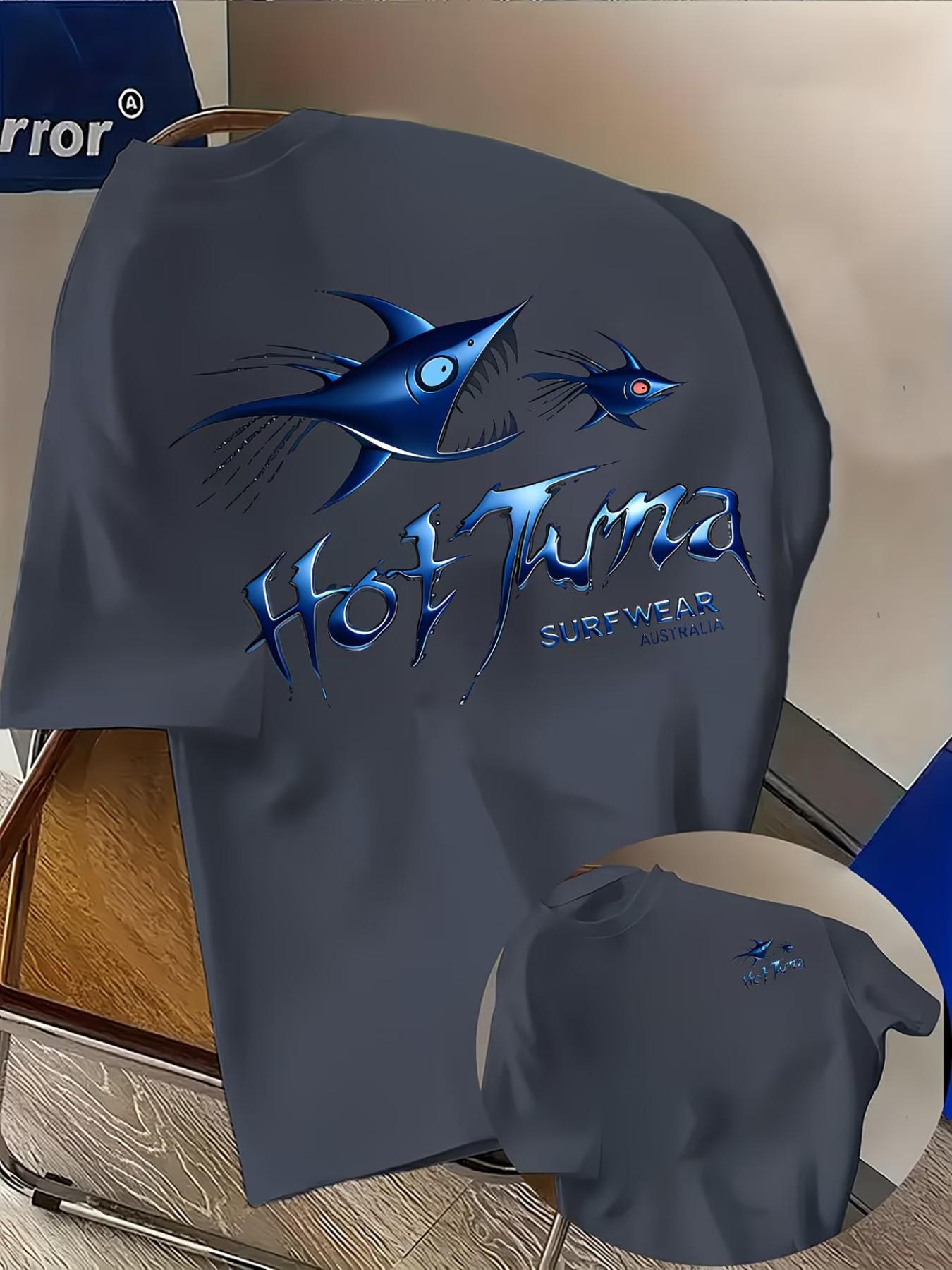 Men's Casual 'hot Tuna' Shark Print T-Shirt, Fashion Dual-Sided Print, Lightweight Elastic, Regular Fit, Summer Streetwear, Comfortable Wear