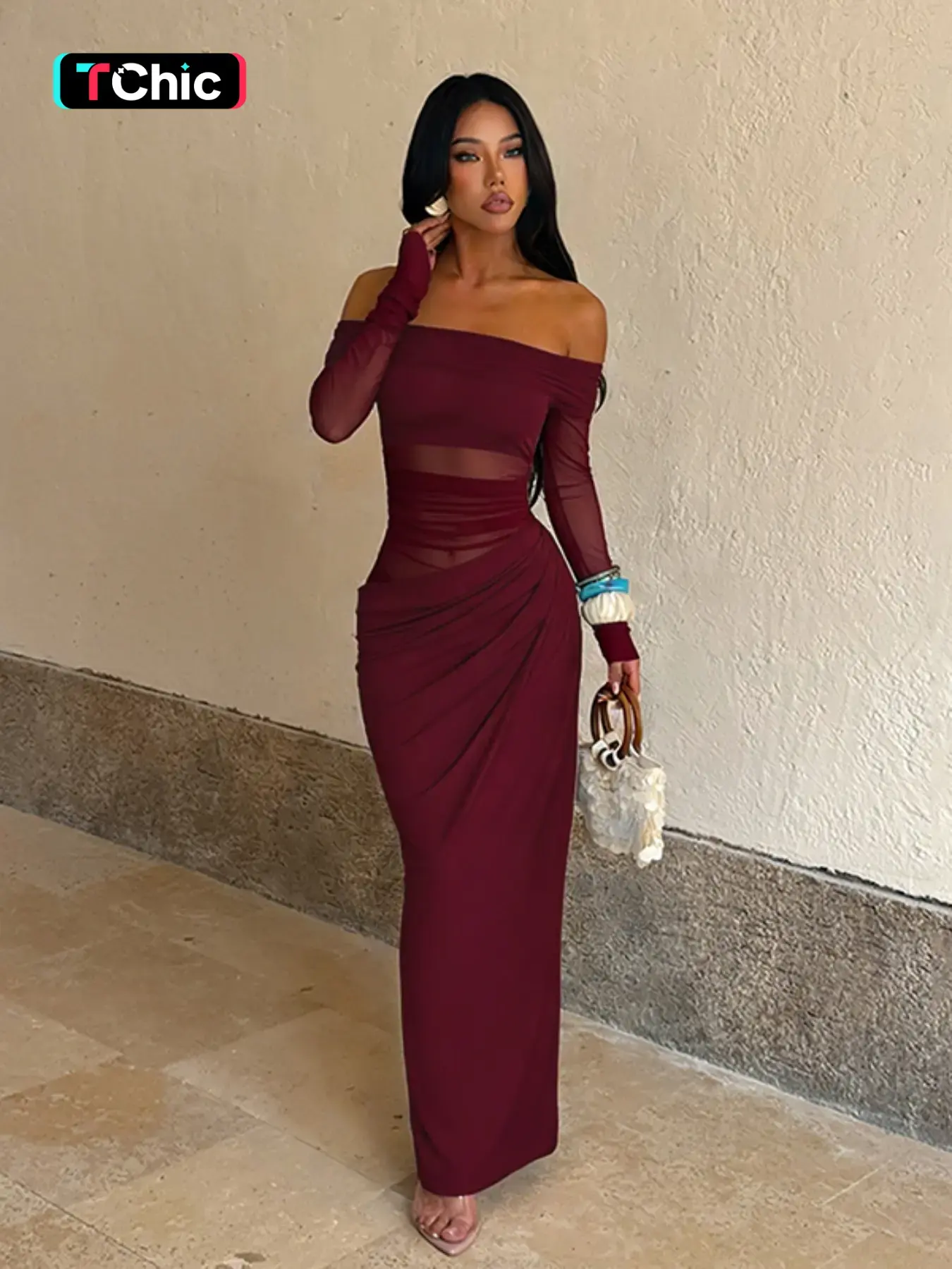 Women's Plain Off Shoulder Ruched Sheer Mesh Dress, 2025 Elegant Long Sleeve Long Dress for Party Banquet, Ladies Summer Clothes