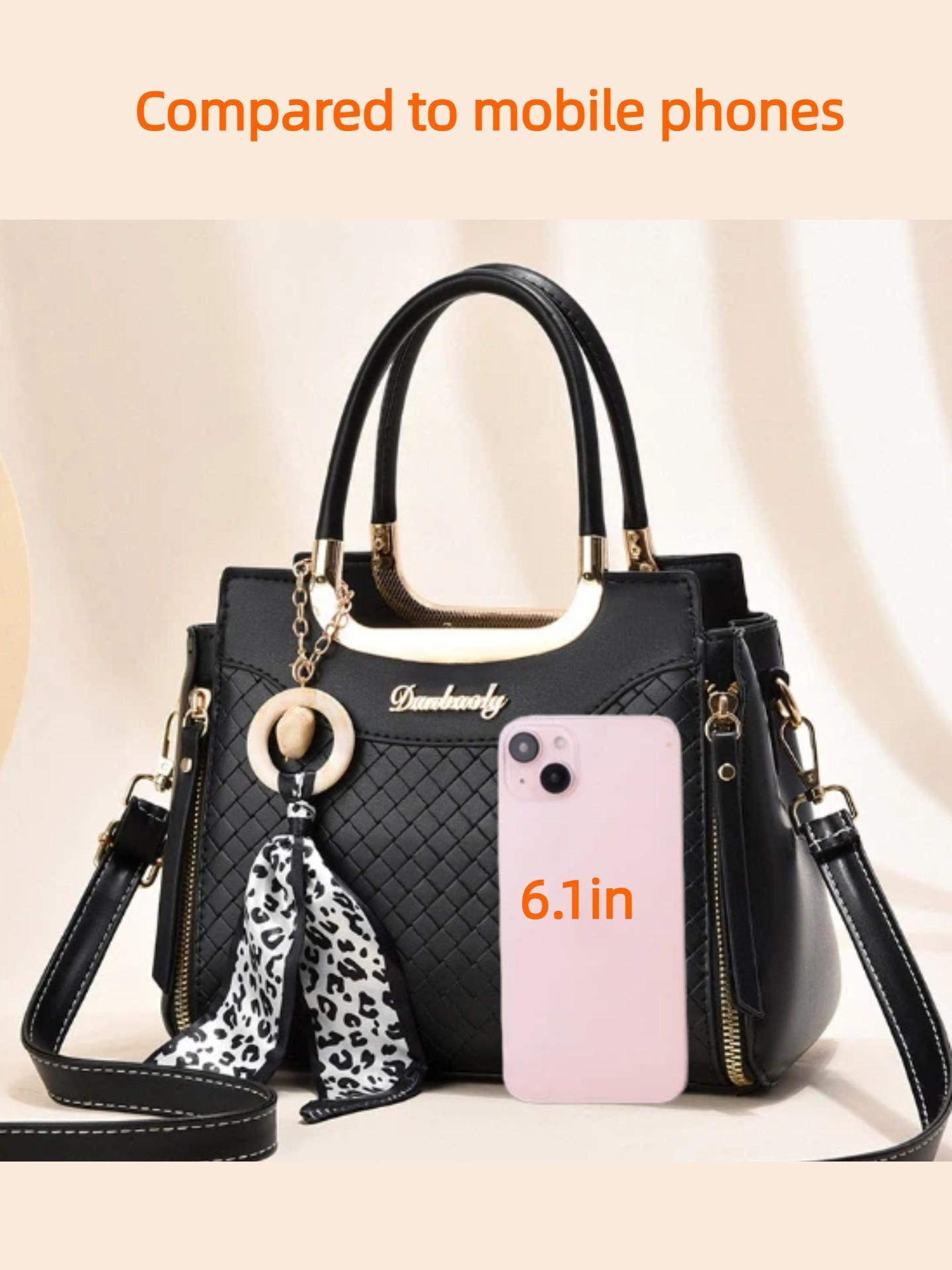 Elegant Women's Handbag Set, High-Quality Diamond Weave Design, Leopard Print Scarf Decoration, Large Capacity Shoulder Bag