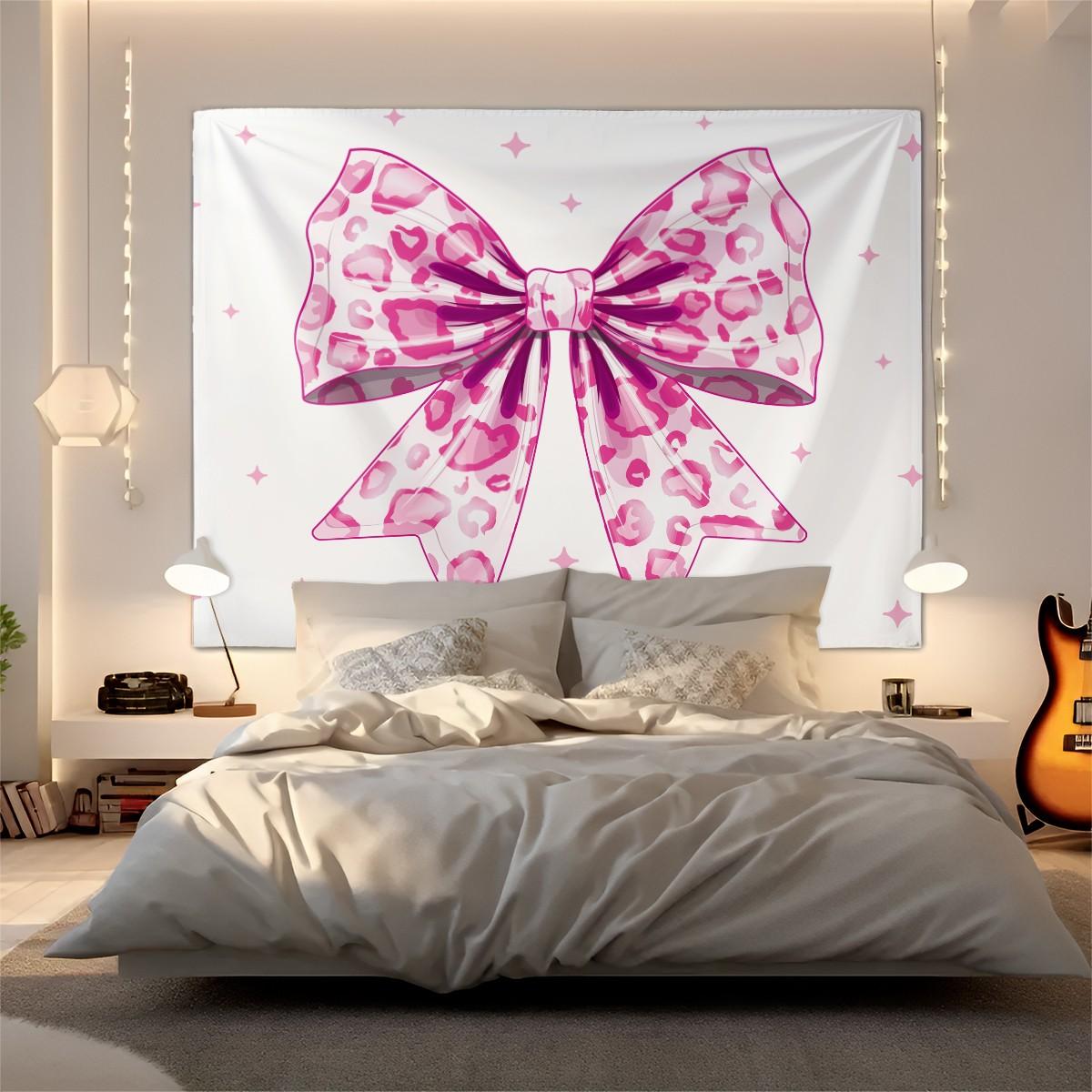 Pink Leopard Bow Tapestry, Cute Y2K Wall Hanging, Aesthetic Tapestries, Soft Wall Blanket, Girly Backdrop Decor for Girls Bedroom & Dorm Room