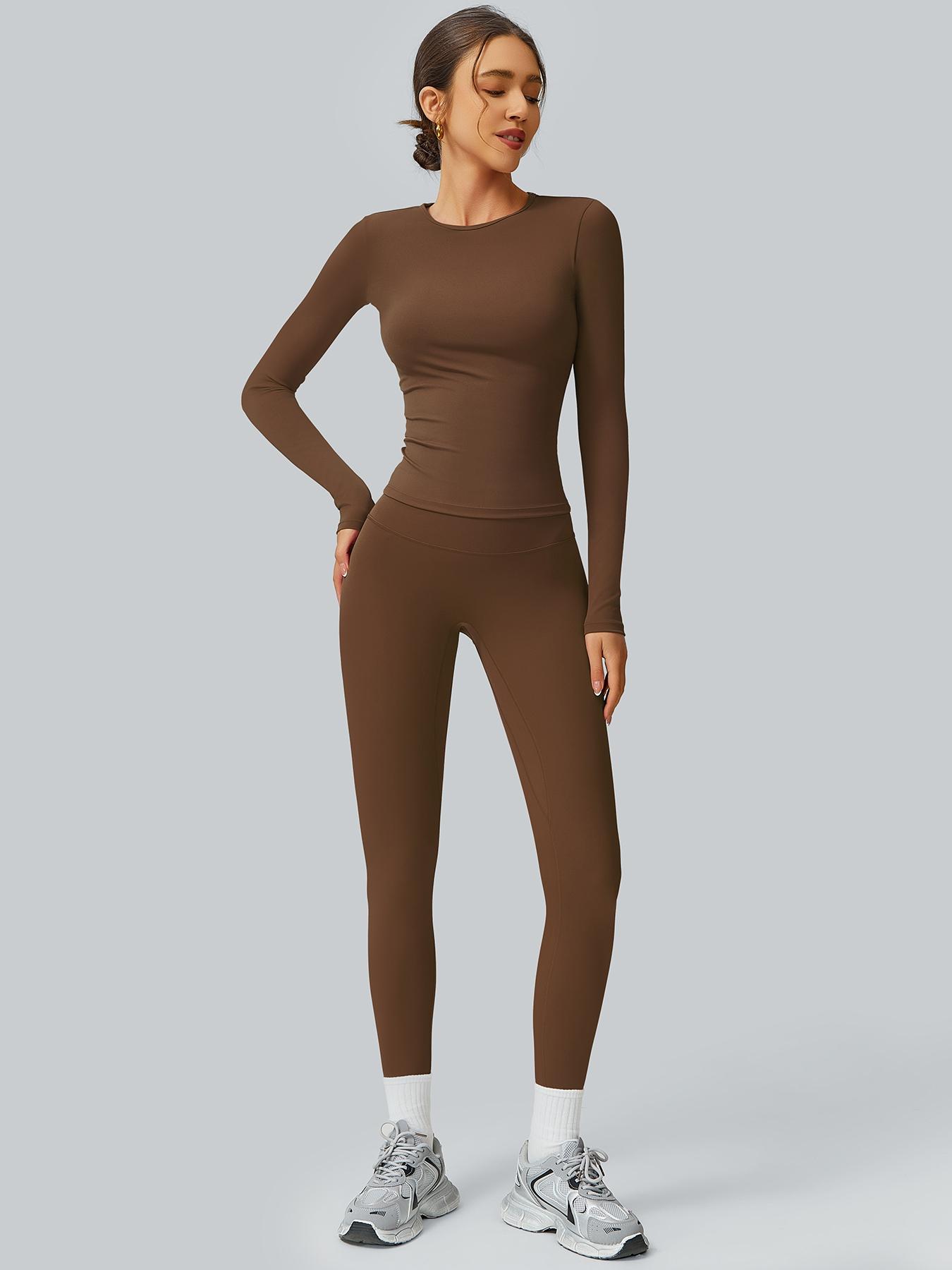 Women's Solid Long Sleeve Tee & High Waist Leggings Tracksuit Set, Sporty Round Neck Top & Skinny Pants Outfits for Gym Workout Running, Ladies Fall & Winter Sportswear, Yoga Tracksuit Set