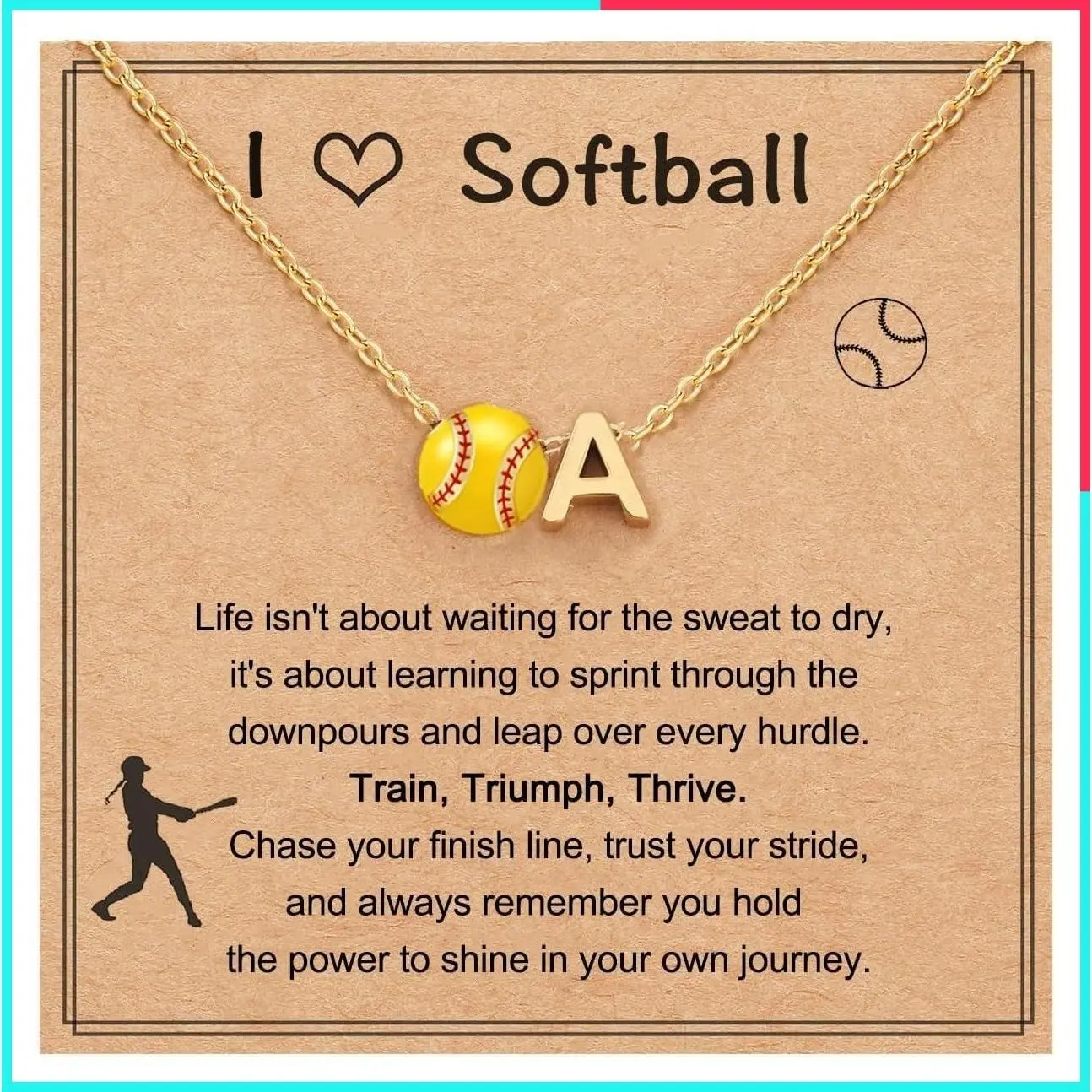 Personalized Initial A-Z Softball Pendant Necklace for Teens, Team Lovers & Players
