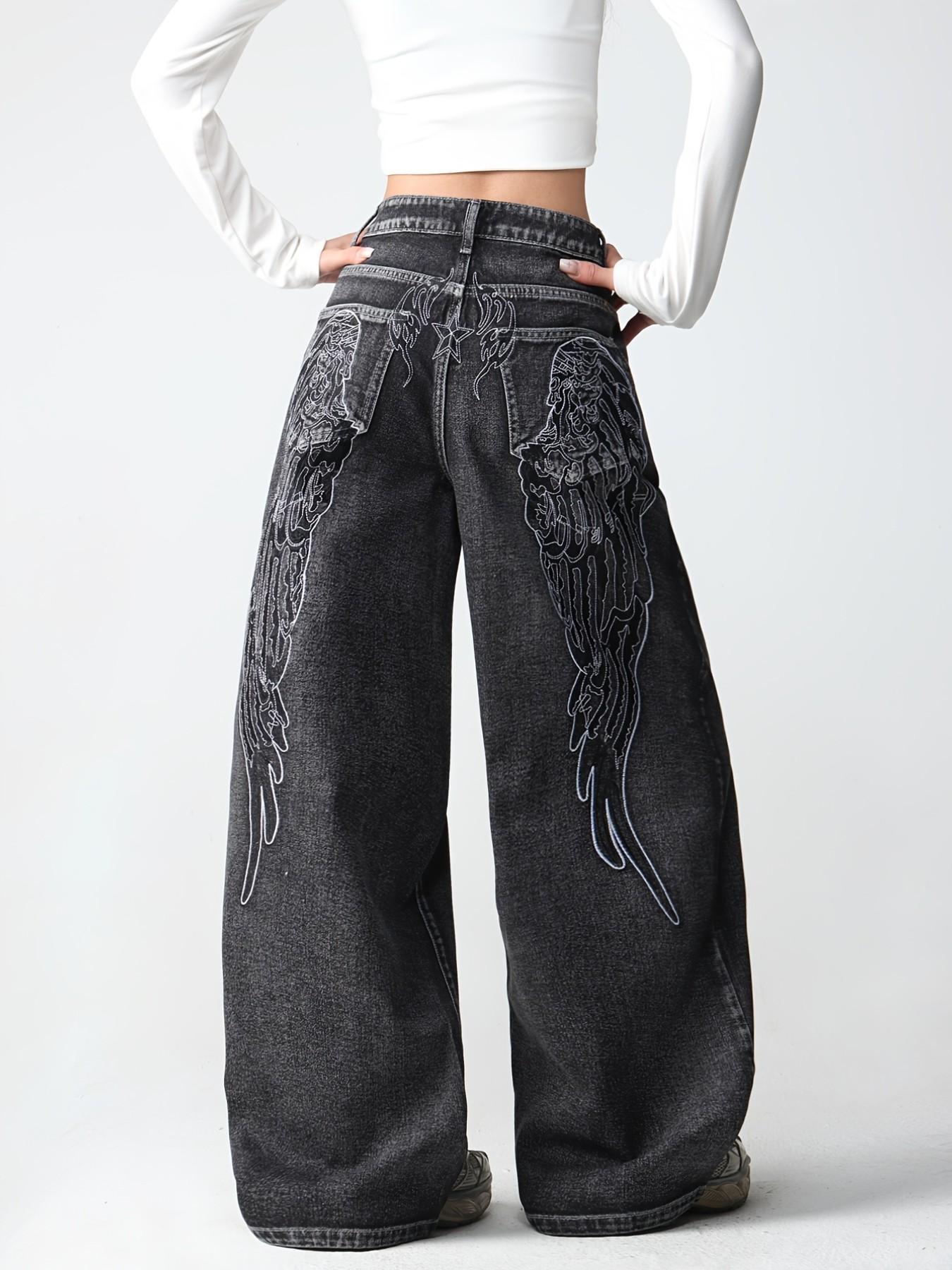 Vintage Creative Wing Embroidery Women's High Waist Baggy Denim Jeans, Casual Jeans Pants, Fashionable Trendy Streetwear Versatile Slimming Wide Leg Long Pants