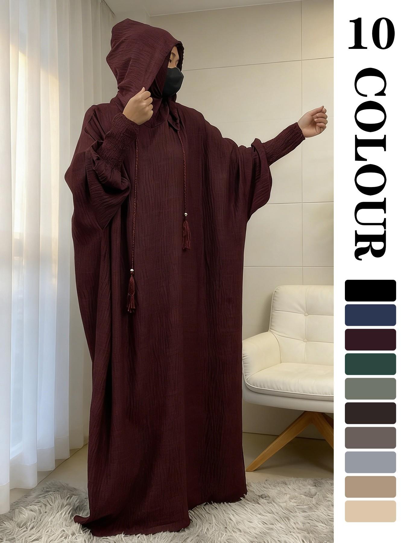Women's Solid Color Batwing Sleeve Drawstring Hooded Dress, Casual Long Sleeve Shirred Cuff Long Dress for Spring & Fall, Women's Islamic Clothing for Daily Wear