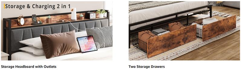 LIKIMIO Bed Frame, Storage Headboard with Charging Station, Platform Bed with Drawers, No Box Spring Needed, Easy Assembly