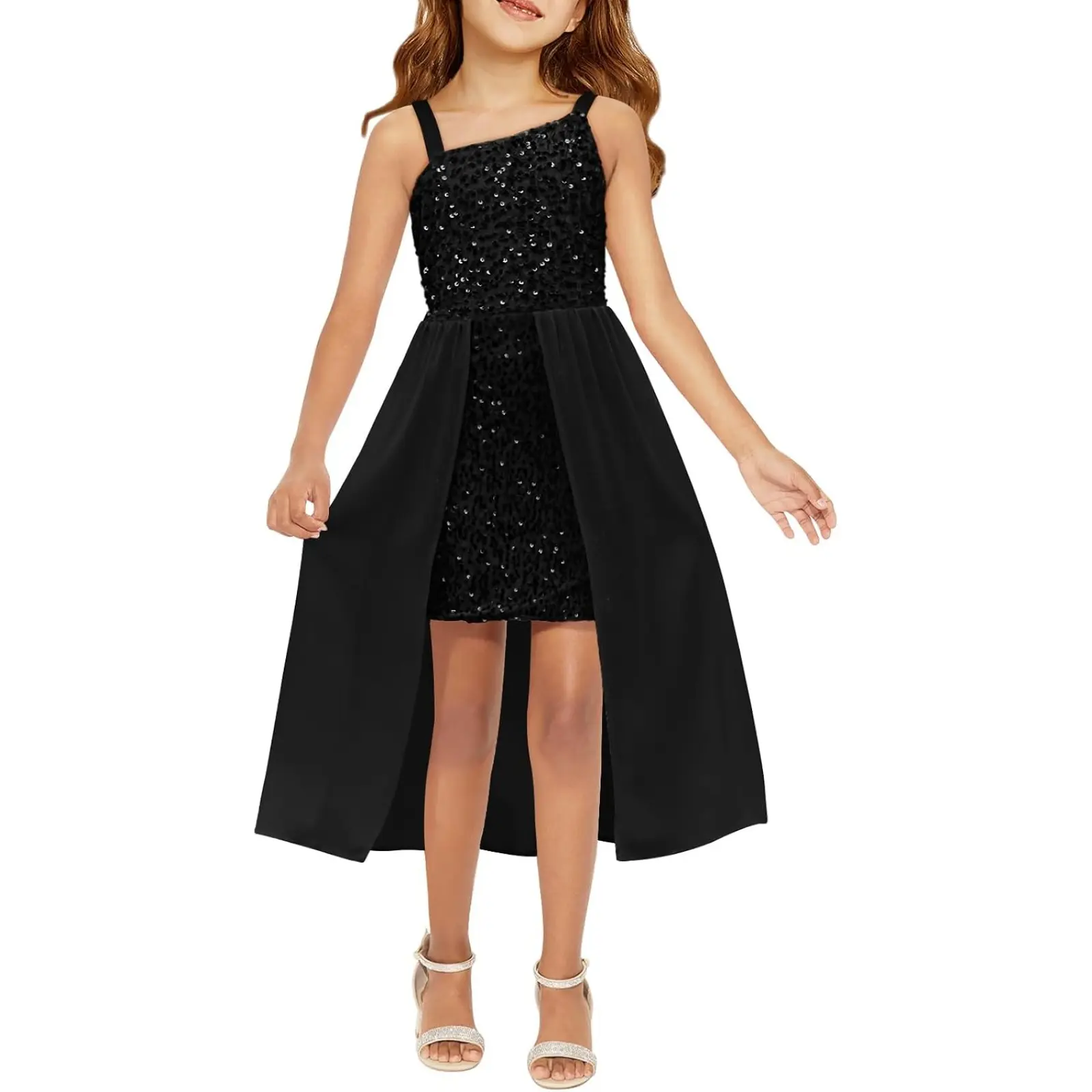 Haloumoning Girls Sequin Dress Kids Formal Sparkly One Shoulder Party Dress | Girls Wedding Guest Dress, Formal Gown, Pageant Dress, 4-14 Years