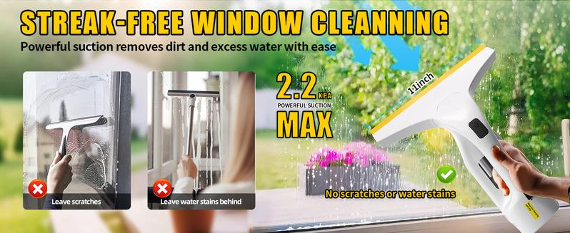 Cordless Window Vacuum Cleaner, Window Cleaner Squeegee Tool Set, Electric Windown Spray Cleaning Tool with 11 inch Squeegee Blade, 2000mAh Battery – Perfect for Showers, Mirrors, Glass, Countertops & Tiles