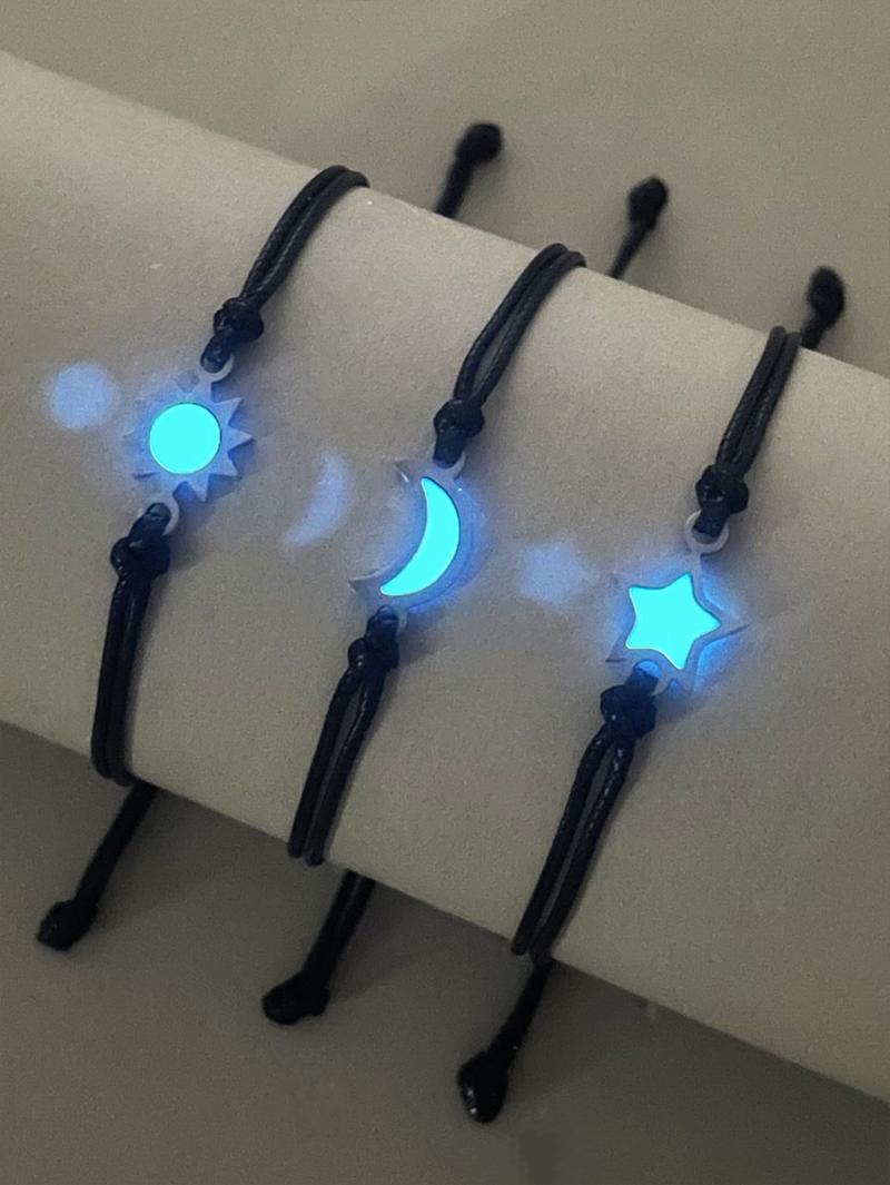 3 Pcs Bracelet Set Glow-In-The-Dark Moon Star Bracelets, Simple Fashion Handwoven Gift Wristbands, Perfect for Gifts and Daily Wear