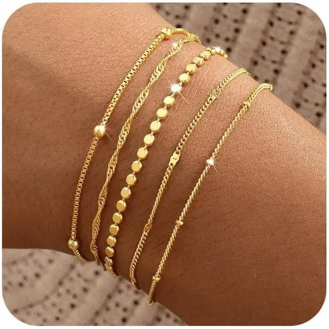 Gold Bracelets for Women, 14K Gold Plated Stackable Bracelet Stack Set Adjustable Charm Paperclip Chain Snake Link Layered Waterproof Jewelry Sets Gifts