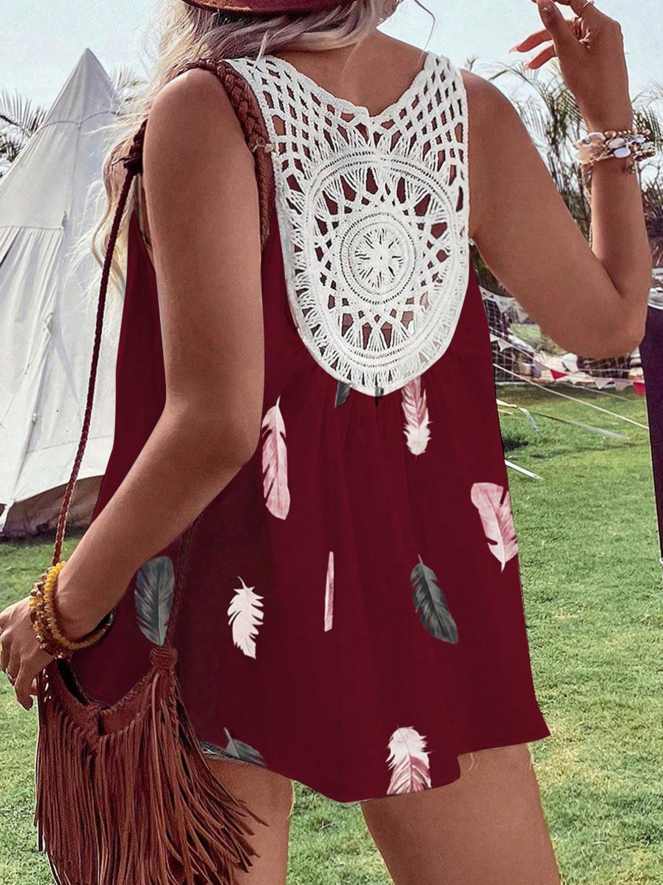 Plus Size Feather Print Hollow Out V Neck Tank Top, Plus Casual Fashion Sleeveless Top for Summer, Women's Plus Clothes for Beach Holiday Vacation Bohemian