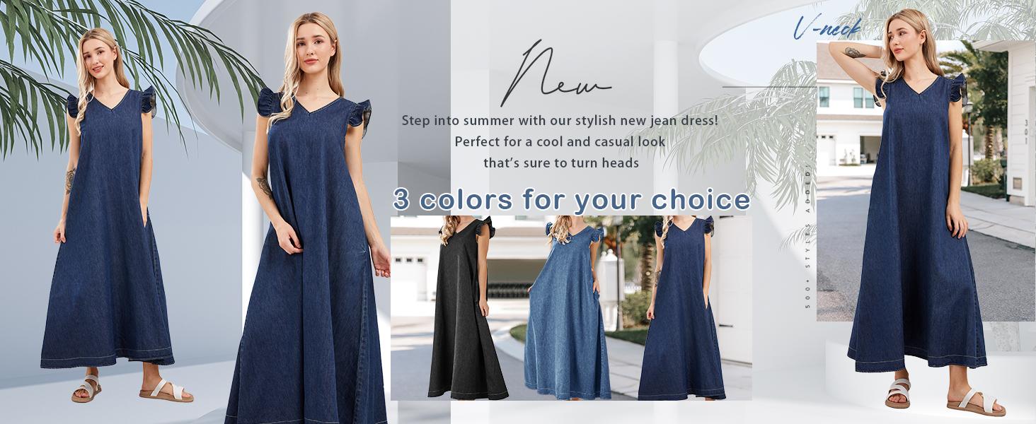 utcoco Women's Summer V Neck Long Denim Dress Casual Loose Ruffle Sleeveless Dress Minimalist V neck Womenswear sundress utcoco Women's Summer V Neck Long Denim Dress Casual Loose Ruffle Sleeveless Dress Minimalist V neck Womenswear sundress
