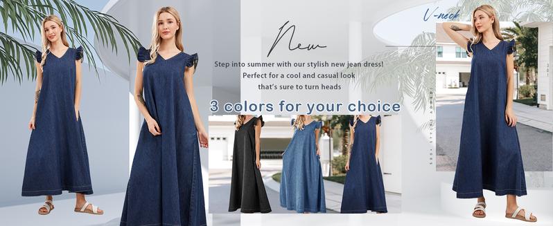 utcoco Women's Summer V Neck Long Denim Dress Casual Loose Ruffle Sleeveless Dress Minimalist V neck Womenswear sundress