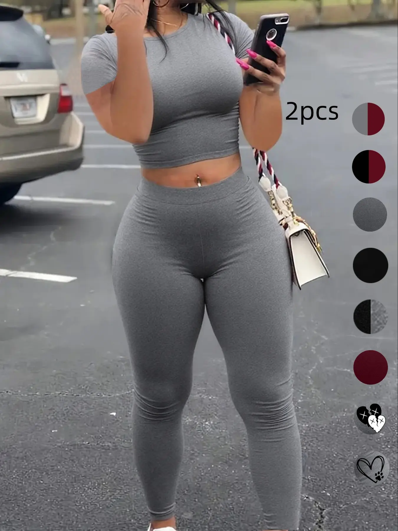 【Black Friday】Two-Piece Set Women's Basic Solid Fitted Crop Tee & Skinny Pants, Two Pieces Outfits Casual Chic Fashion Cozy Round Neck Short Sleeve Top & Trousers for Daily Outdoor Wear, Ladies Clothes for Spring & Fall