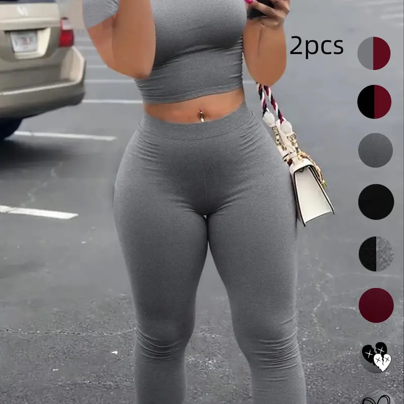 Two-Piece Set Women's Basic Solid Fitted Crop Tee & Skinny Pants, Two Pieces Outfits Casual Chic Fashion Cozy Round Neck Short Sleeve Top & Trousers for Daily Outdoor Wear, Ladies Clothes for Spring & Fall
