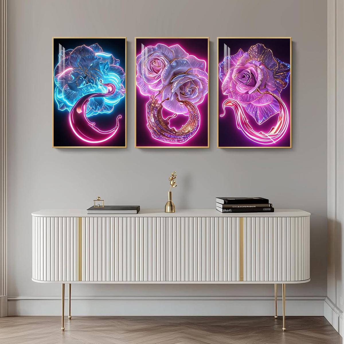 3 Counts Aluminum Alloy Framed Painting, Neon Glowing Roses And Petals Pictures, Home Decoration For Living Room, Bedroom, Office, Restaurant, Hallway Wall Decor, Odorless Print Artwork, Luxury Perfect Gift For Friends And Family