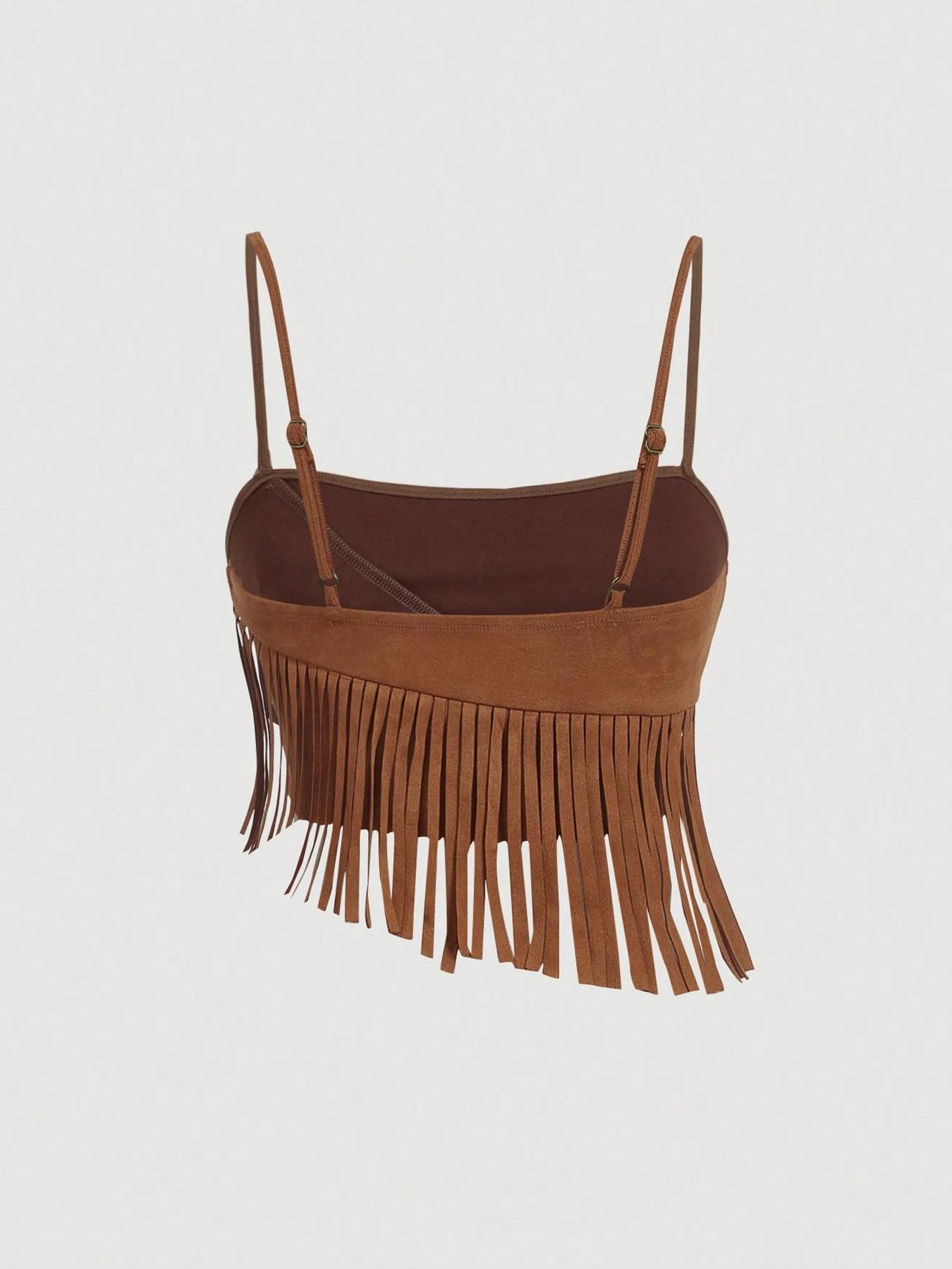 Adjustable Strap Fringe Outfit - Western Baddie Spaghetti Strap Cami & Skirt Matching Set