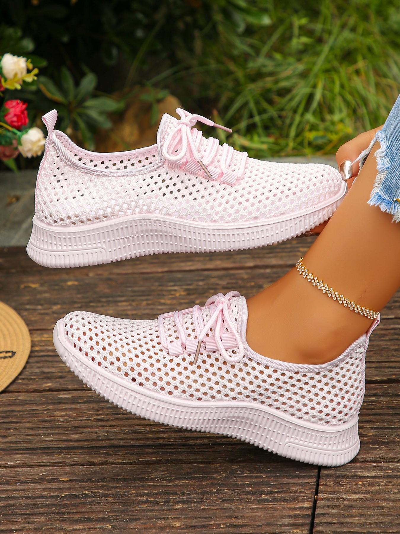 Women's Breathable Mesh Sneakers, Casual Sport Shoes with Lacing Design, Thick Sole Shock Absorption, Ideal for Spring Summer Daily Use