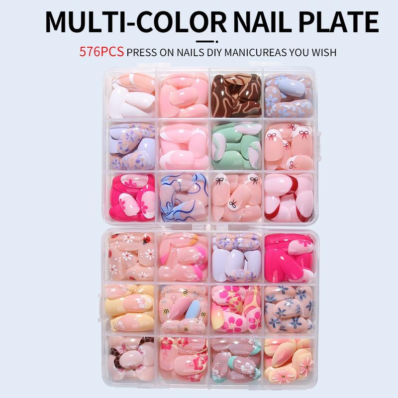 576pcs Short Oval Floral Print Fake Nails Set, Heart Bow Stripe Design, Glossy Finish, Reusable Press-On Nails for Women Girls