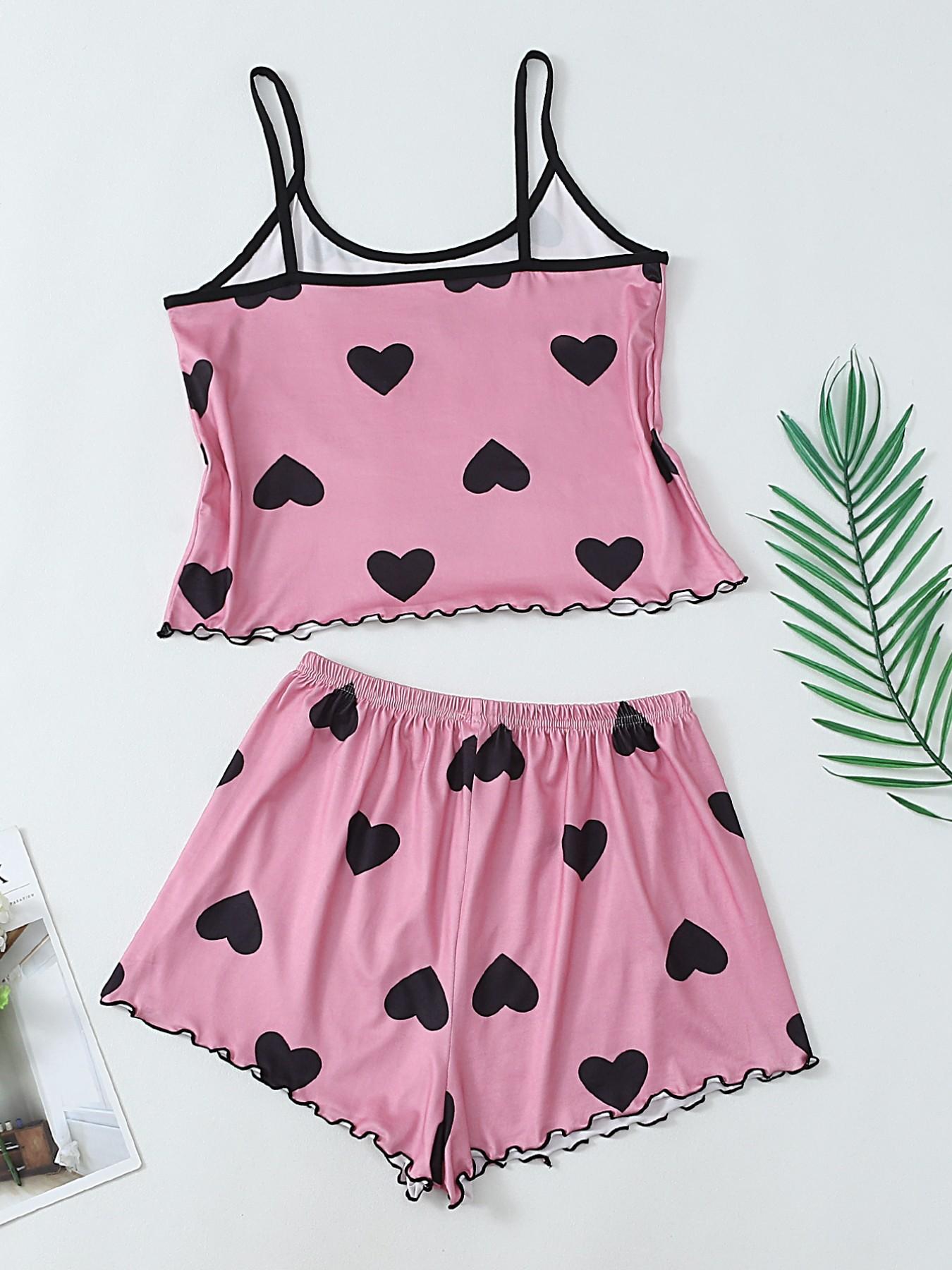 Aesthetic Pink Black Heart Pajama Set Women, Cami Top Shorts, Spring Summer Wearable, Heart Print, Relaxed Fit Loungewear