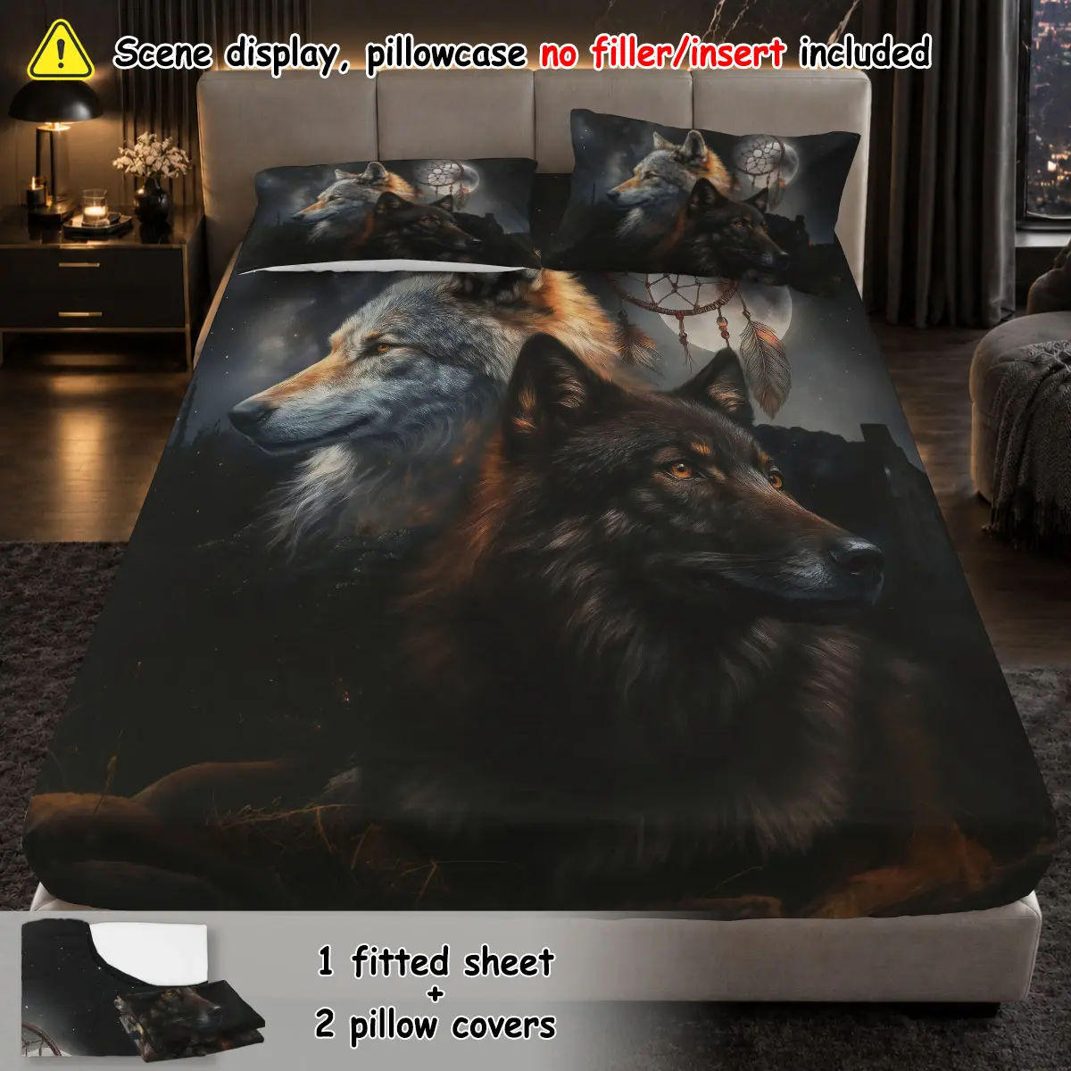 (1 fitted sheet + 2 pillowcases, no filler)Vintage wolf pack print,Safe harmless fitted sheet 3-piece set with soft skin-friendly texture, machine washable duvet cover set for dorm and bedroom, usable all year round