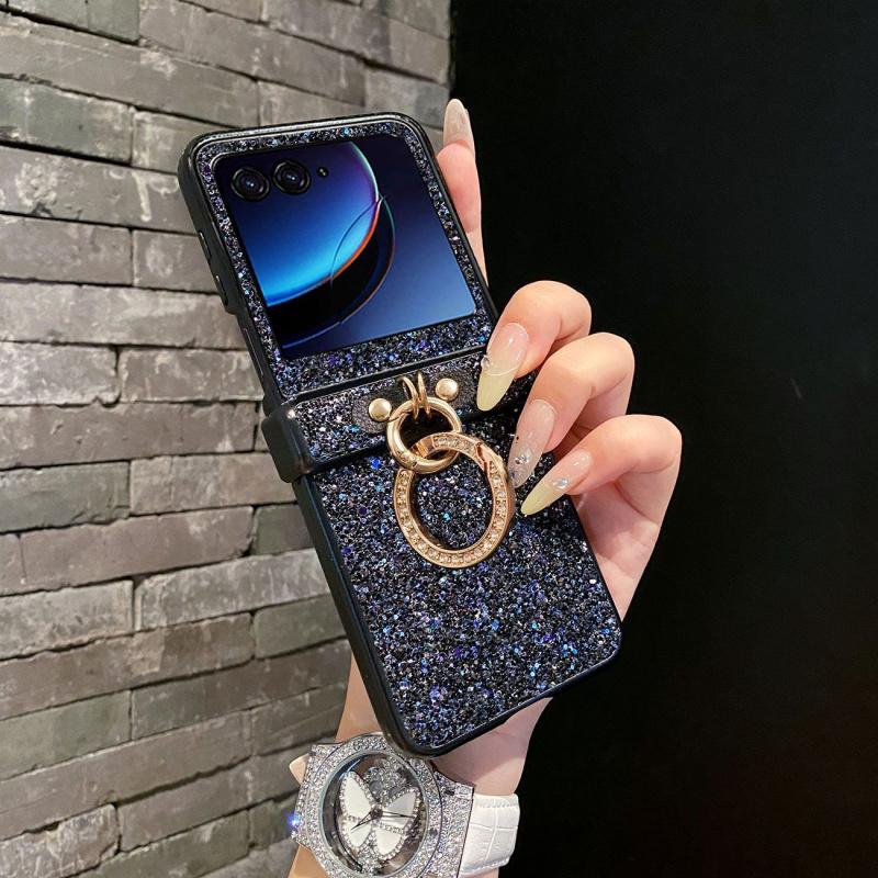 Luxurious shiny diamond rhinestone Glitter Ring Buckle Hard PC Phone Case For Moto Razr 50 60 Ultra 2025 + 2024 Protective 3-PIECE Back Cover