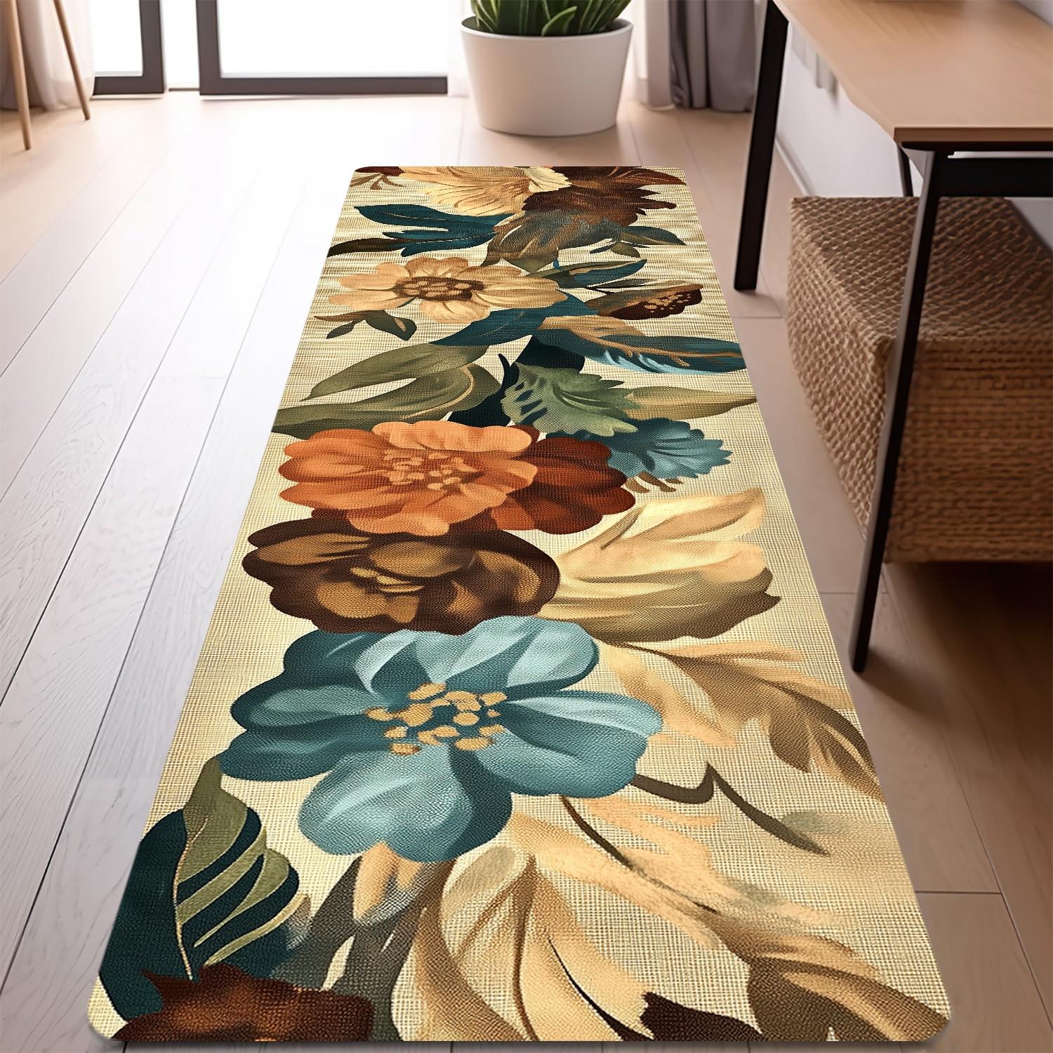 Boho Floral Pattern Hallway Runner Rug, Bohemian Style Rugs, 1 Count Non-slip Laundry Room Mat, Soft Non Shedding Washable Bed Carpet, Long Rug for Entryway Bedroom Kitchen Bathroom, Boho Area Rug