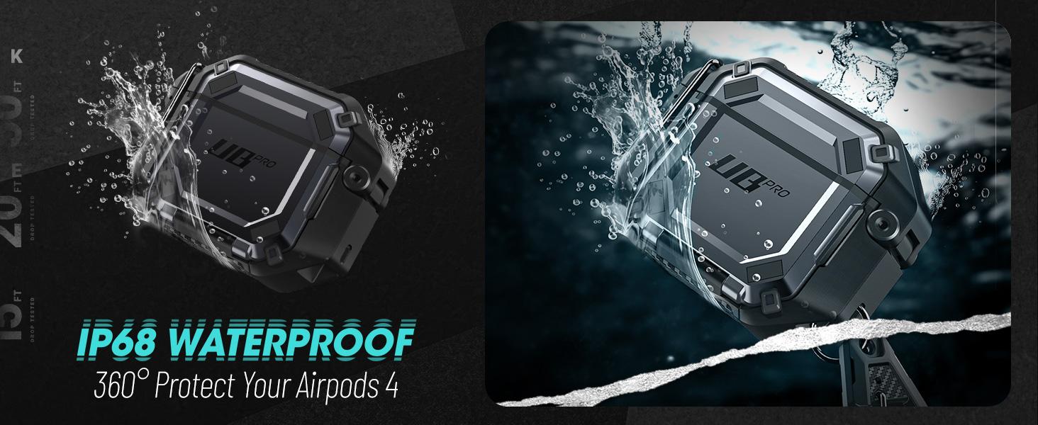 SUPCASE AirPods 4 Case with Lock & Carabiner, IP68 Waterproof, Full-Body Anti-Scratch Hard Shell Waterproof Cover, Compatible with MagSafe Connection Rubber Wireless Cable