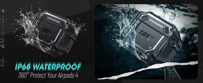 SUPCASE AirPods 4 Case with Lock & Carabiner, IP68 Waterproof, Full-Body Anti-Scratch Hard Shell Waterproof Cover, Compatible with MagSafe Connection Rubber Wireless Cable