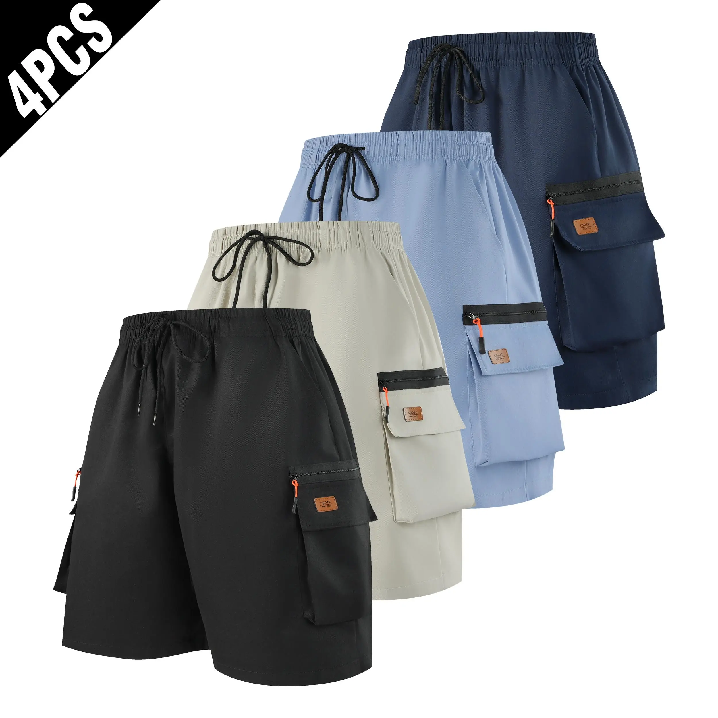 Men’s 4-Pack Baggy Cargo Shorts, Menswear with Zipper Pocket & Leather Patch, Drawstring Elastic Waist, Loose Lightweight Casual Outdoor Utility Shorts summer men fitness active indoor workout casual short daily style lounge athletic running