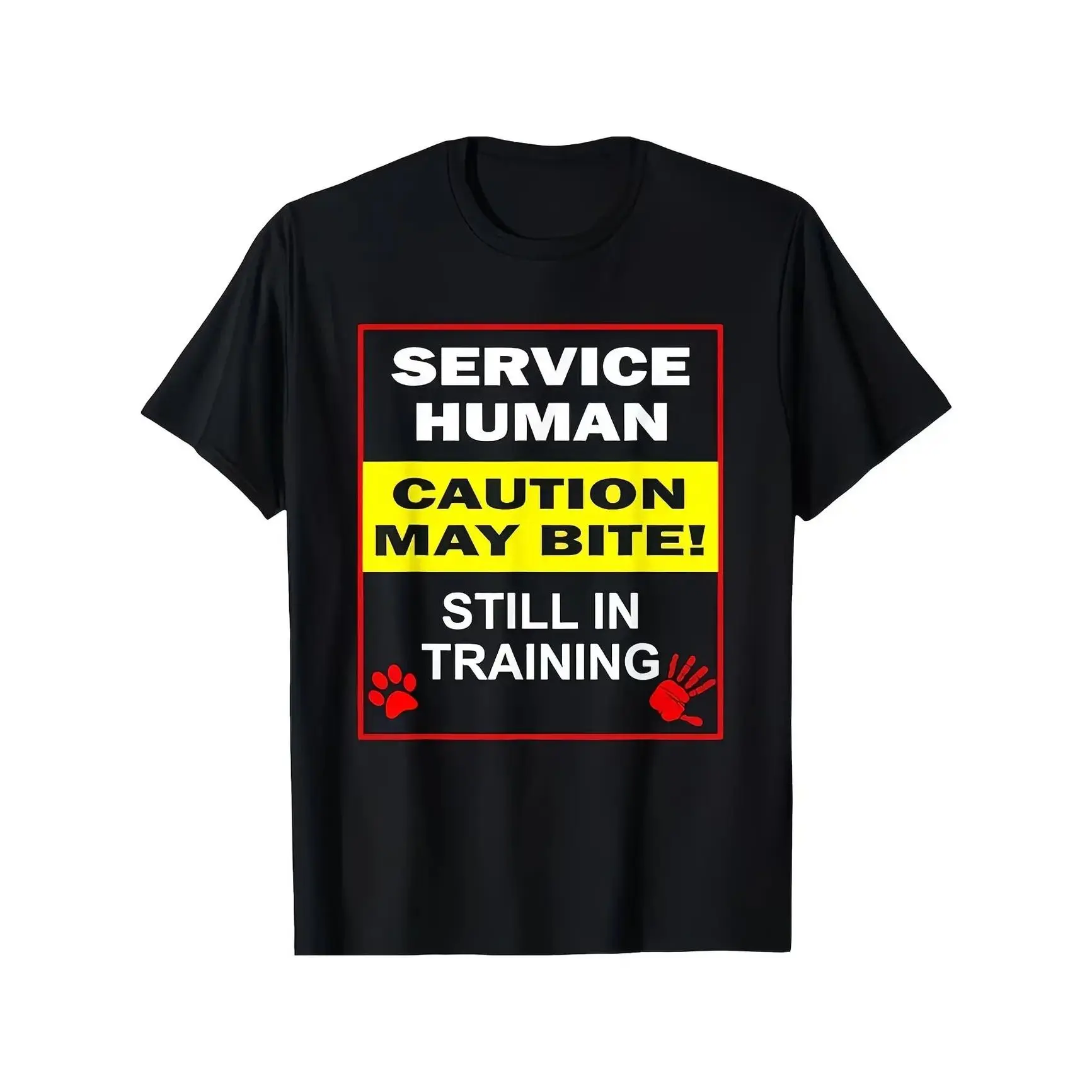 Funny Service Human Caution May Bite Still In Training Warning Sign Graphic T-Shirt, Humorous Sarcastic Novelty Cotton Tee