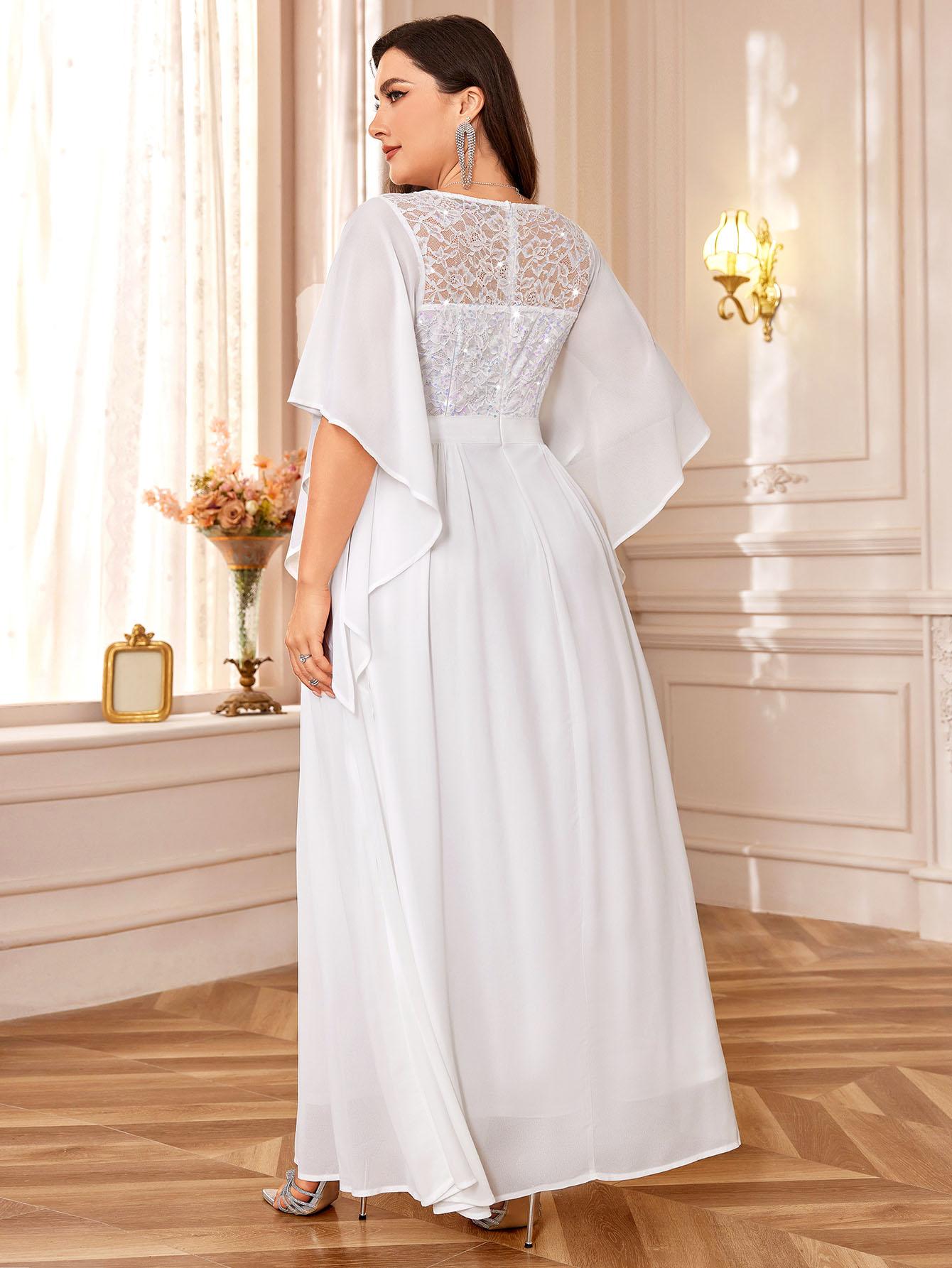 Miusol P83099 Plus Size Women's Sequin Floral Lace Chiffon Flare Sleeve Formal Dress Elegant Evening Gown All Seasons Party dress,Evening dress Normal Type  Womenswear Maxi Dress SpringStatements