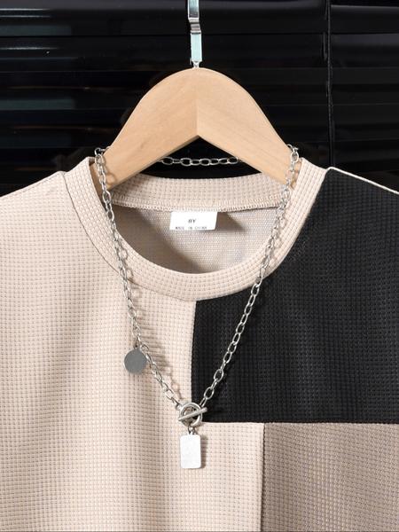 Two-Piece Set Boy's Colorblock Print Short Sleeve Tee & Plain Pocket Elastic Waist Shorts, Casual Comfort and Functionality Round Neck T-shirt & Cargo Shorts for Summer, Kids Clothes for Daily Wear