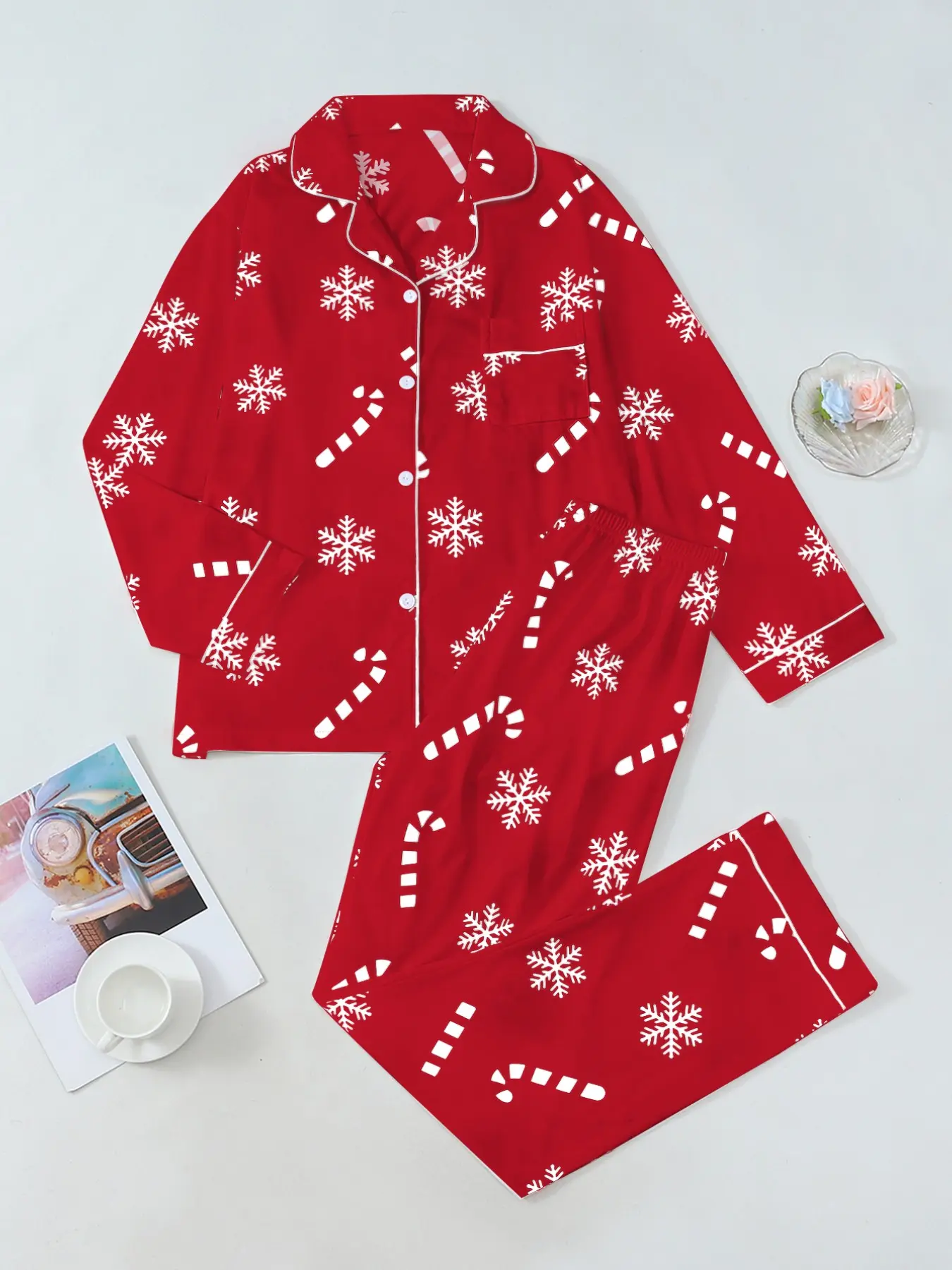 Women's Christmas Print Pajama Set, Long Sleeve Lapel Design, Soft Breathable Fabric, Holiday outfits Wear, Winter Home