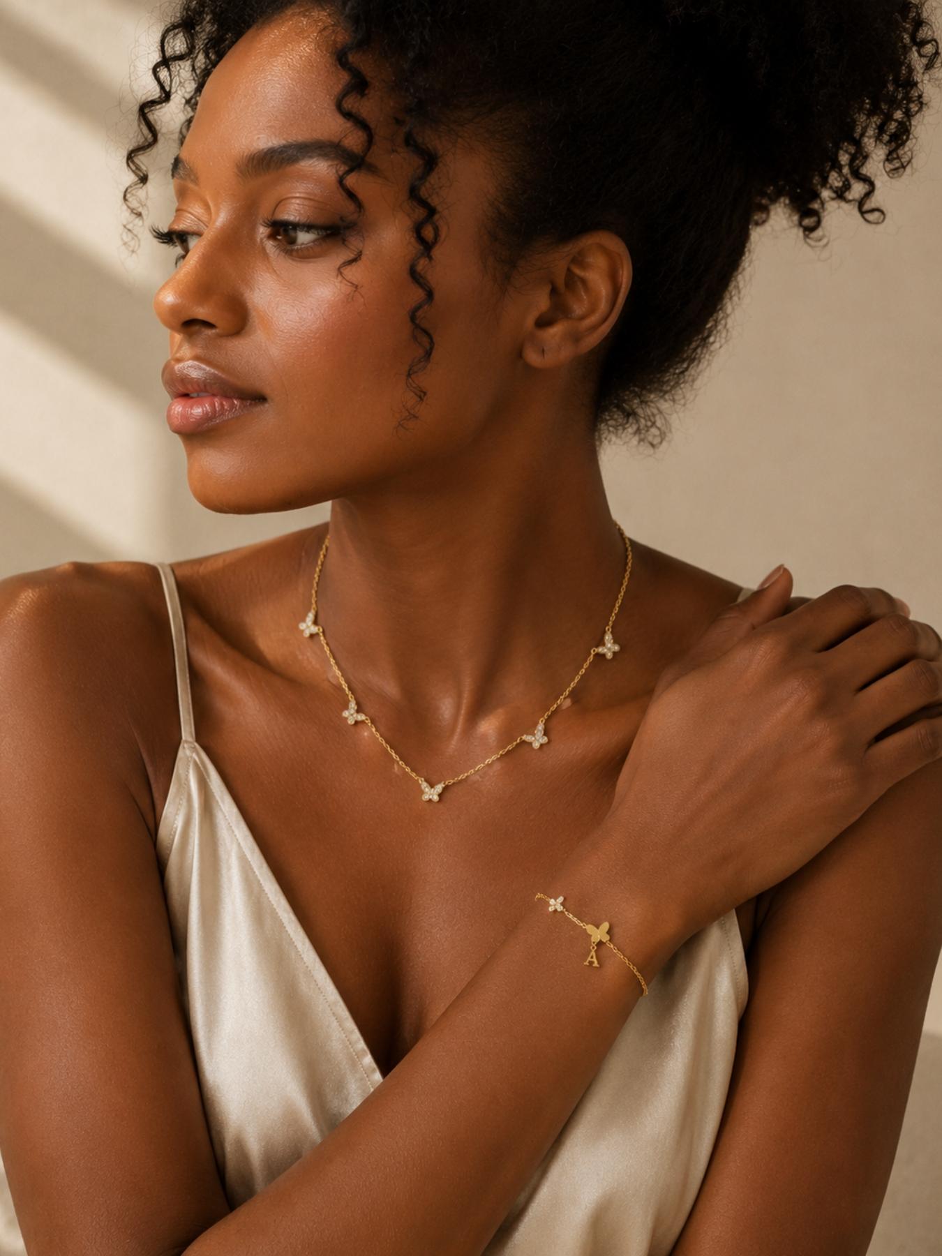2 Piece Butterfly Necklace Bracelet Set, Women's Unique Letter Jewelry, Trendy Layered Chain Gift, Cute Fashion Accessories