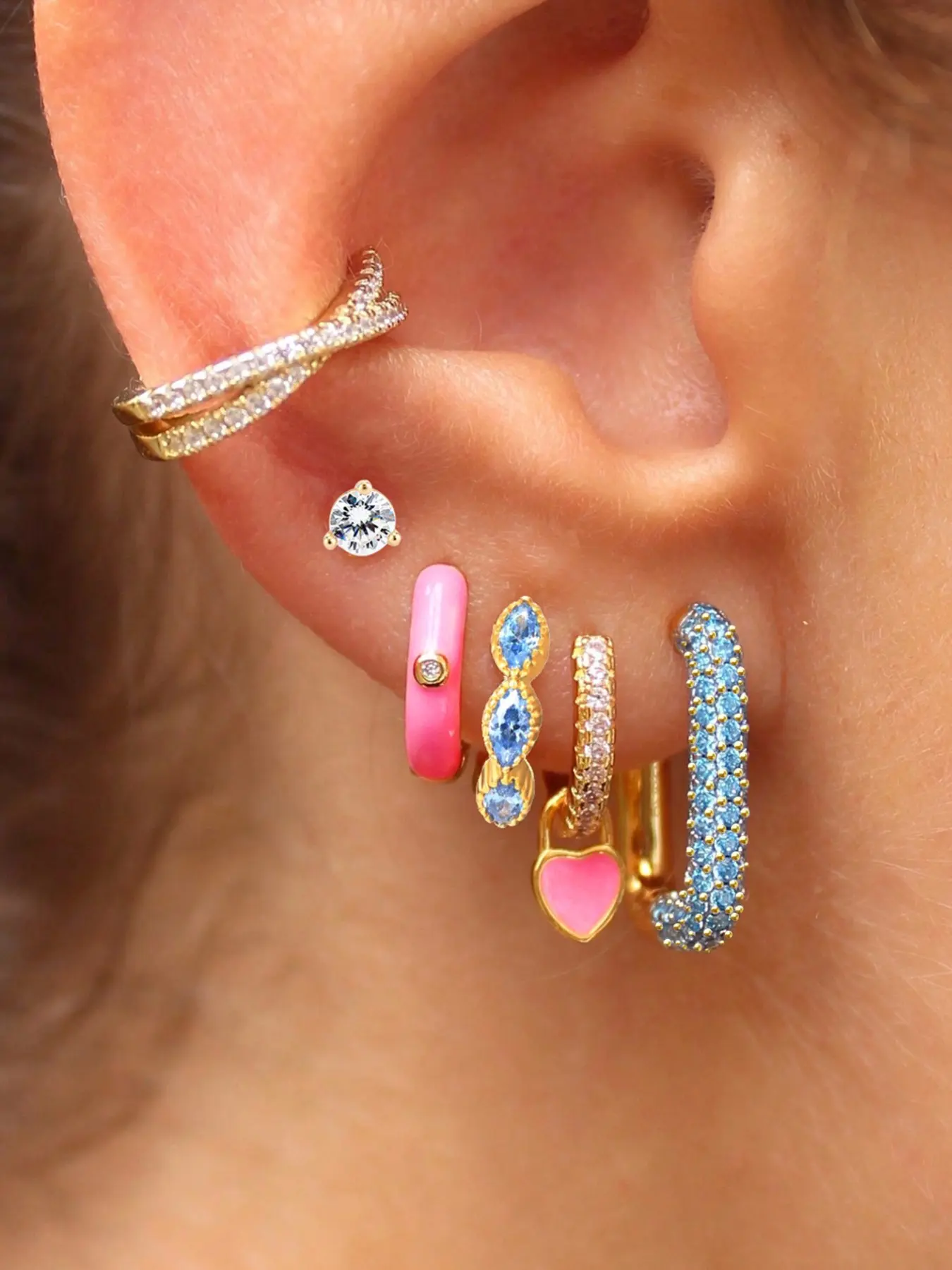 6PCS 24K Gold Plated Cubic Zirconia Stud Earrings Set for Women, Earrings Jewelry, Blue Zircon Hoop Earrings Pack, Heart Drop Dangle Earrings Stack