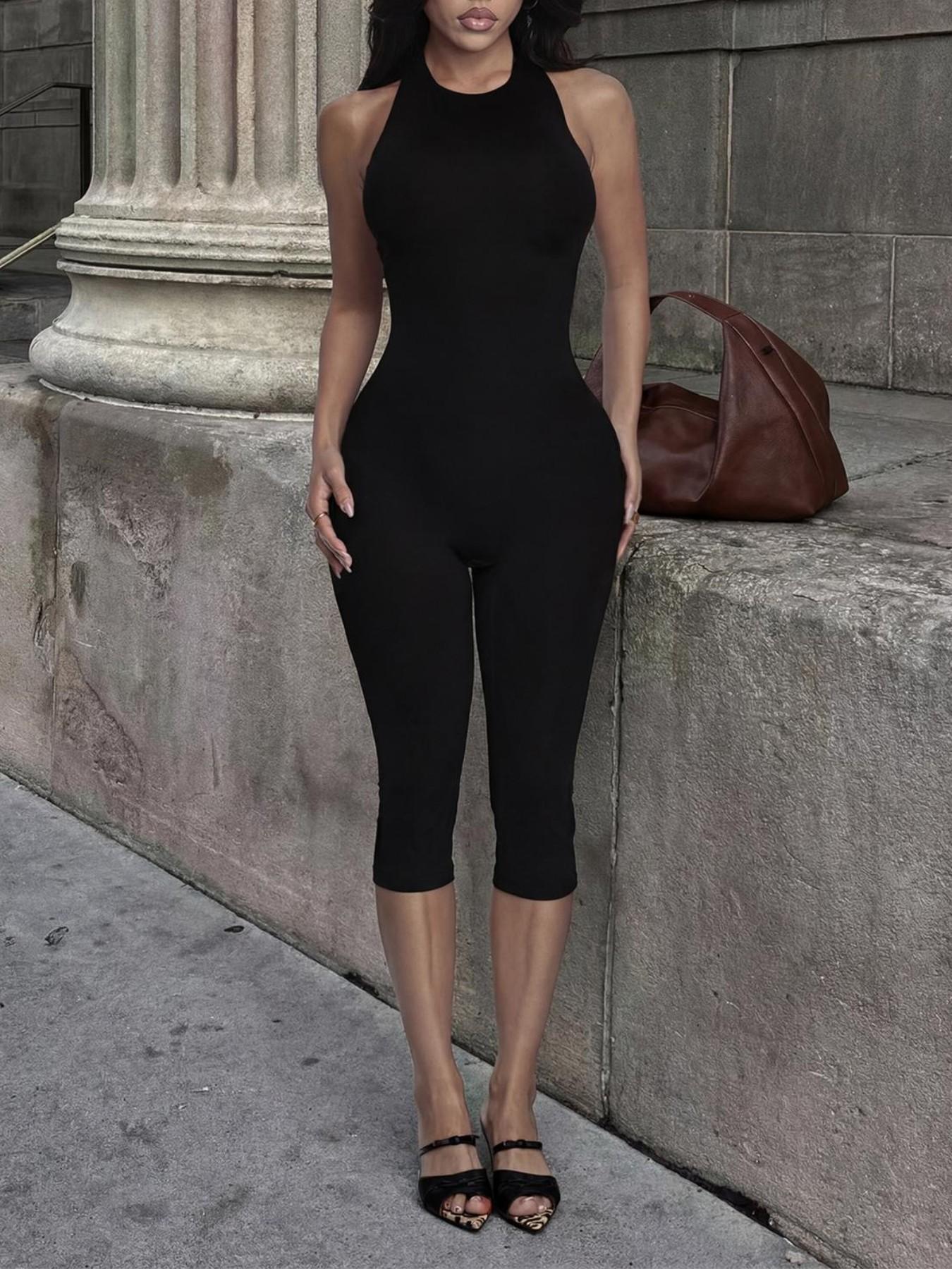 Women Black Halter Capri Nightclub Style Jumpsuit Sleeveless Bodycon One Piece Outfit Sexy Chic Backless Slim Fit Catsuit Casual Stretchy Romper Elegant Going Out Clubwear Yoga Loungewear Sculpting Unitard