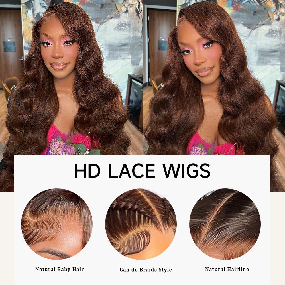 200% Density Chocolate Brown Human Hair Wigs 13x4 Body Wave Lace Front Wig Pre Plucked Chestnut Brown Colored Wigs Blended Hair For Women Light Brown HD Transparent Lace Front Wig