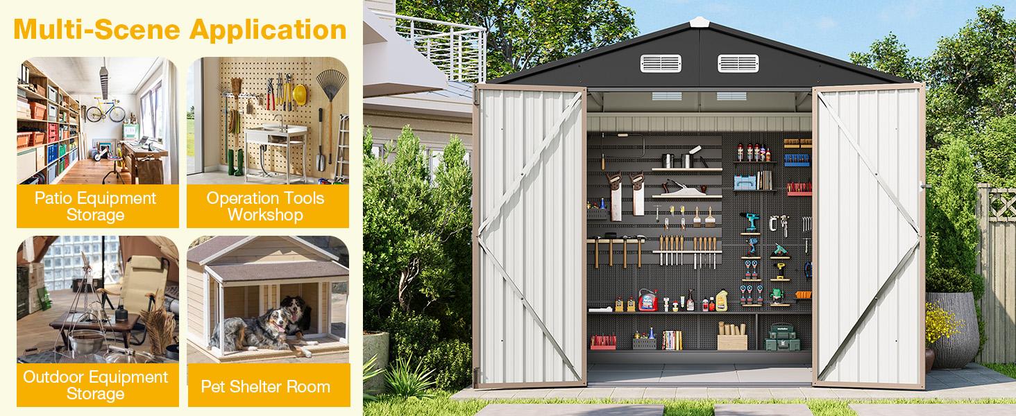 Aoxun Multi-Size & Multi-Material Outdoor Storage Shed with Included Base, Lockable Door, Sloped Roof, Heavy Duty Metal Organizer for Garden, Backyard, Patio, Lawn