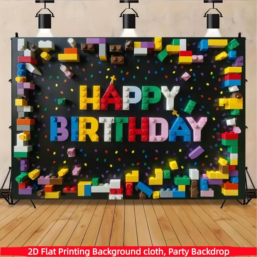 Colorful Building Blocks Birthday Banner -2D Flat Polyester Party Background Decoration with Balloon and Snowflake Design, Suitable for Living Room, Bedroom, Office, Birthday, Anniversary and Home Decoration, Outdoor and Indoor Parties
