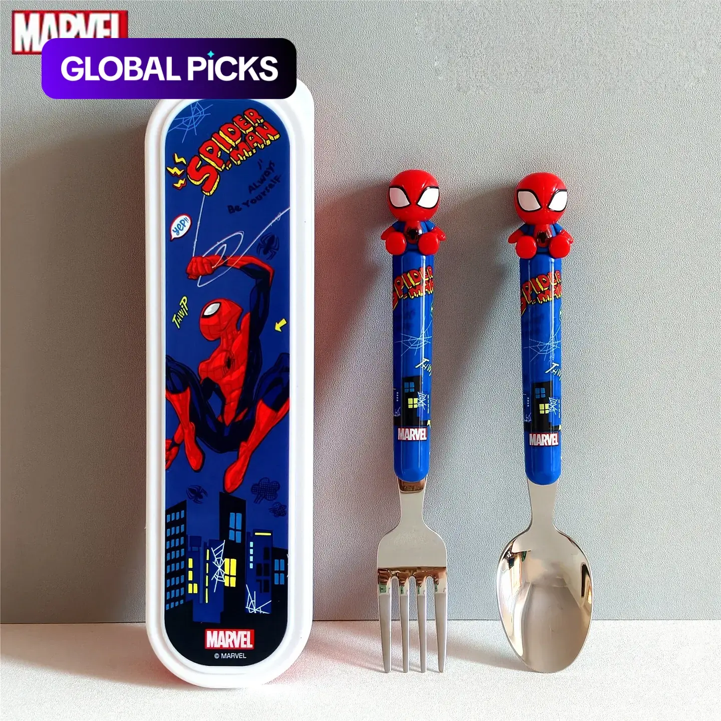 Marvel Officially Licensed Spider-man Portable Flatware Set 3D Figural Spoon Fork Stainless Steel Cutlery with Travel Case Aesthetic Lunchbox Utensils for Office School Picnic Camping Back to School Teen Gamer Gift Heavy Duty Tableware Metal Utensils Set