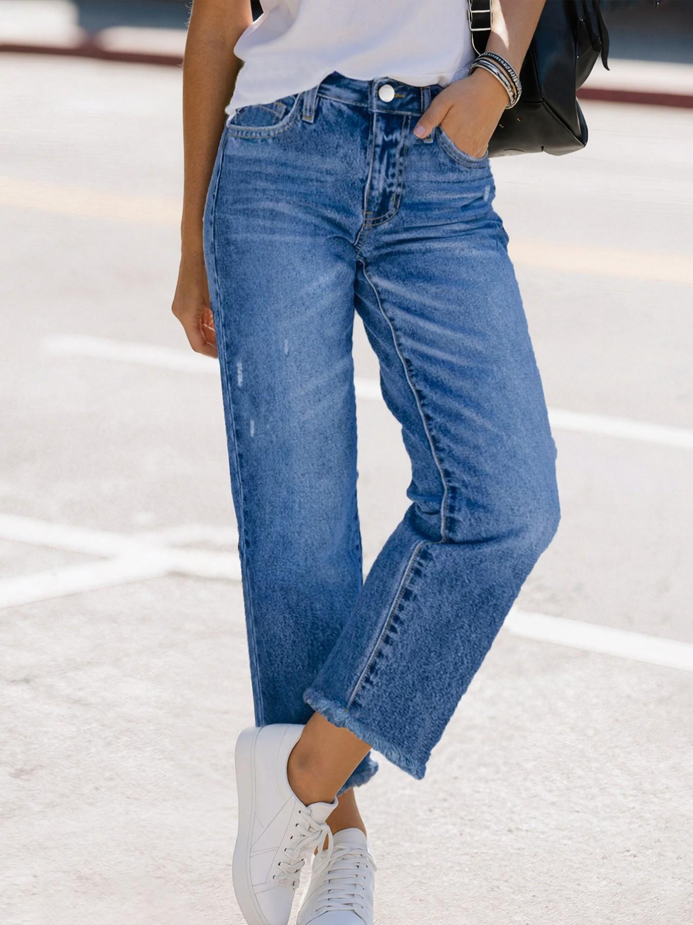 Women's Relaxed Fit Distressed Straight Leg Jeans, Comfortable Ripped Wash with Frayed Hem for Street Style Fashion, Trendy Denim Jeans Streetwear Pants