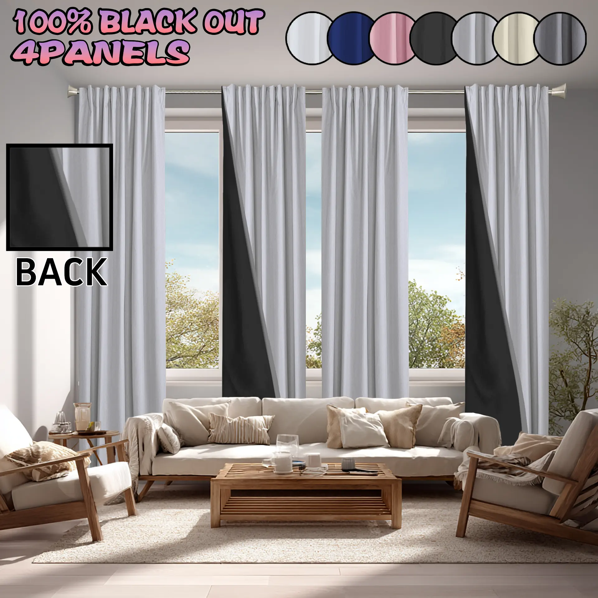 4-piece set, made of polyester material, designed with film covering technology, 100% blackout, heat insulation and noise reduction curtains, hanging through poles, modern, simple and lightweight, suitable for decoration occasions such as bedrooms, living