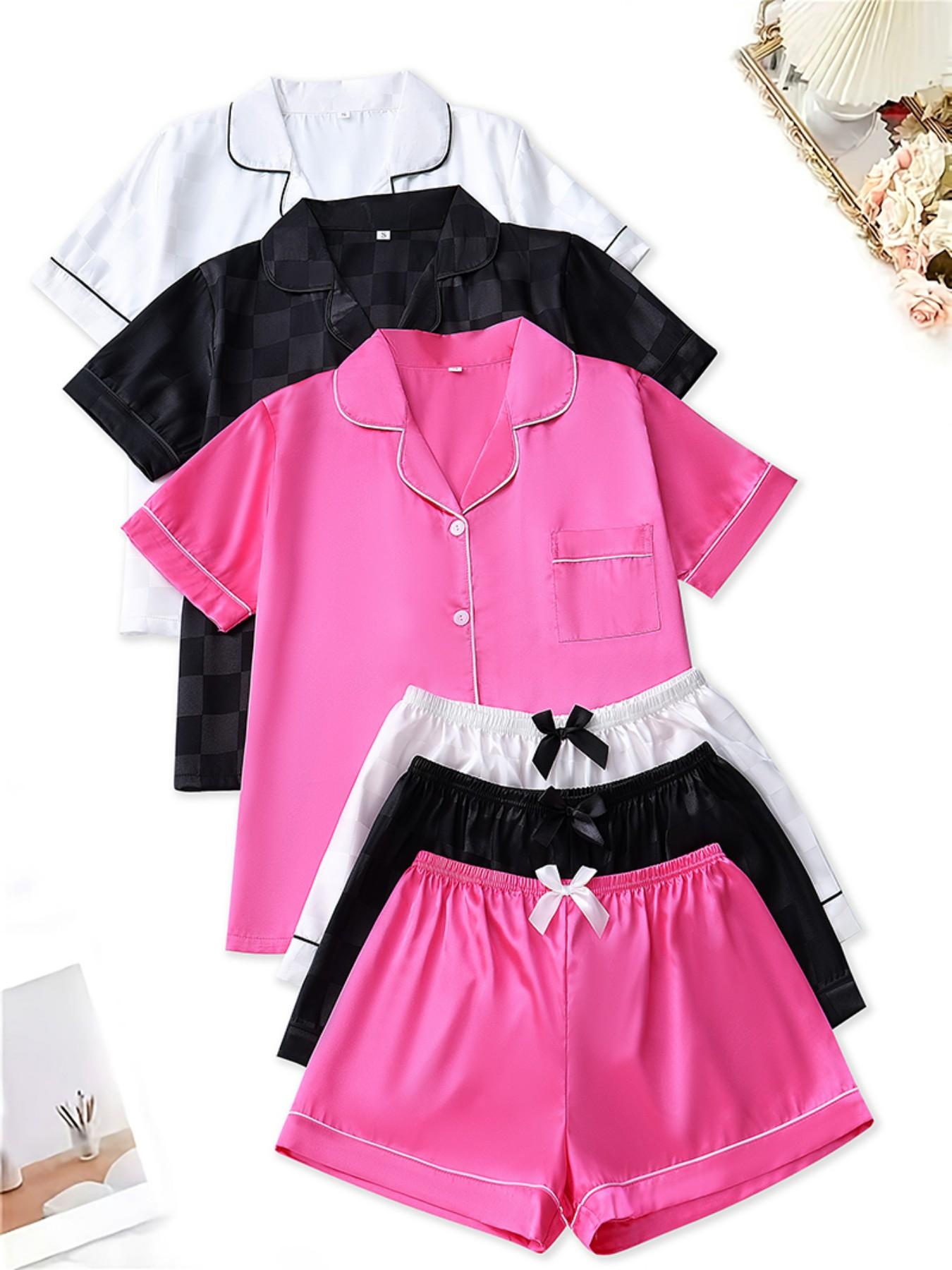 Fashion Six-Piece Women's Satin Pajama Set, Comfortable Lightweight Summer Sleepwear & Loungewear, Button Top and Bow Front Shorts, Casual Fitted Style, Leopard